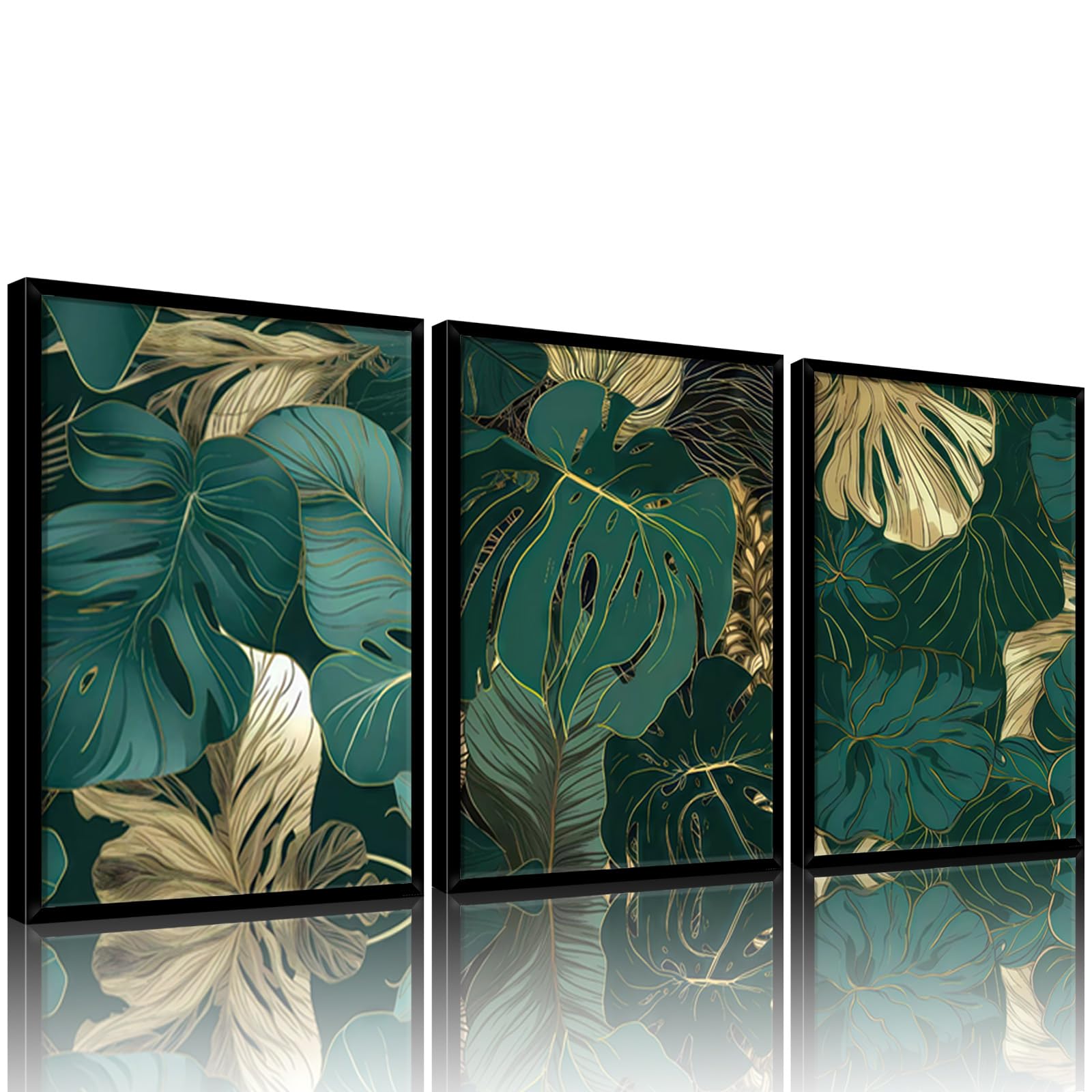 Framed Gold Green Wall Art Set of 3 Tropical Botanical Picture Emerald green Leaf Painting Prints Wall Decor with Black Frame Modern Plant Poster for Living Room Bedroom Bathroom Office 16x24Inch