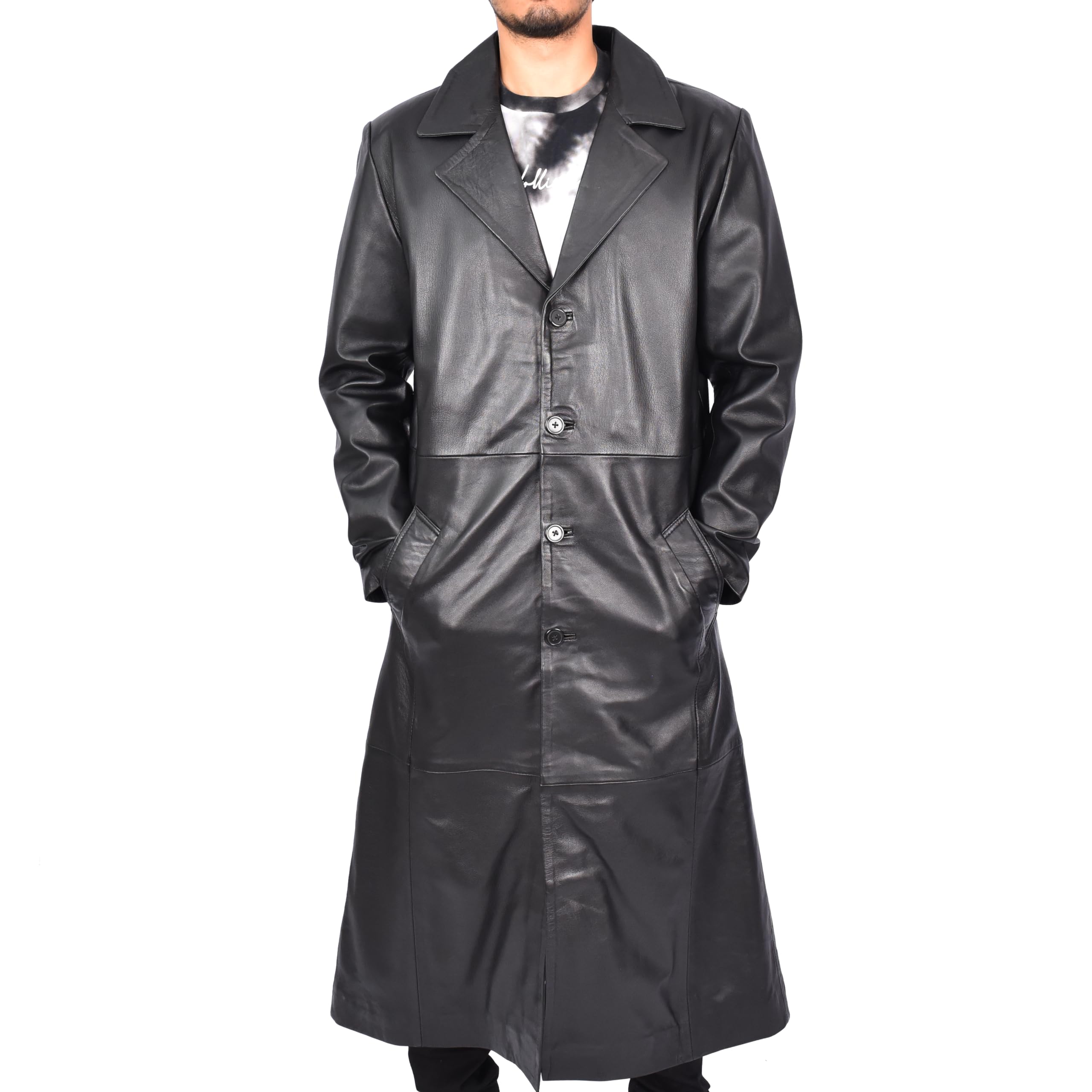 Divergent Retail Men's Black Long Full Anchor Length Coat Real Sheep Leather Classic Rosco (Uk, Alpha, Xl, Regular, Regular, )