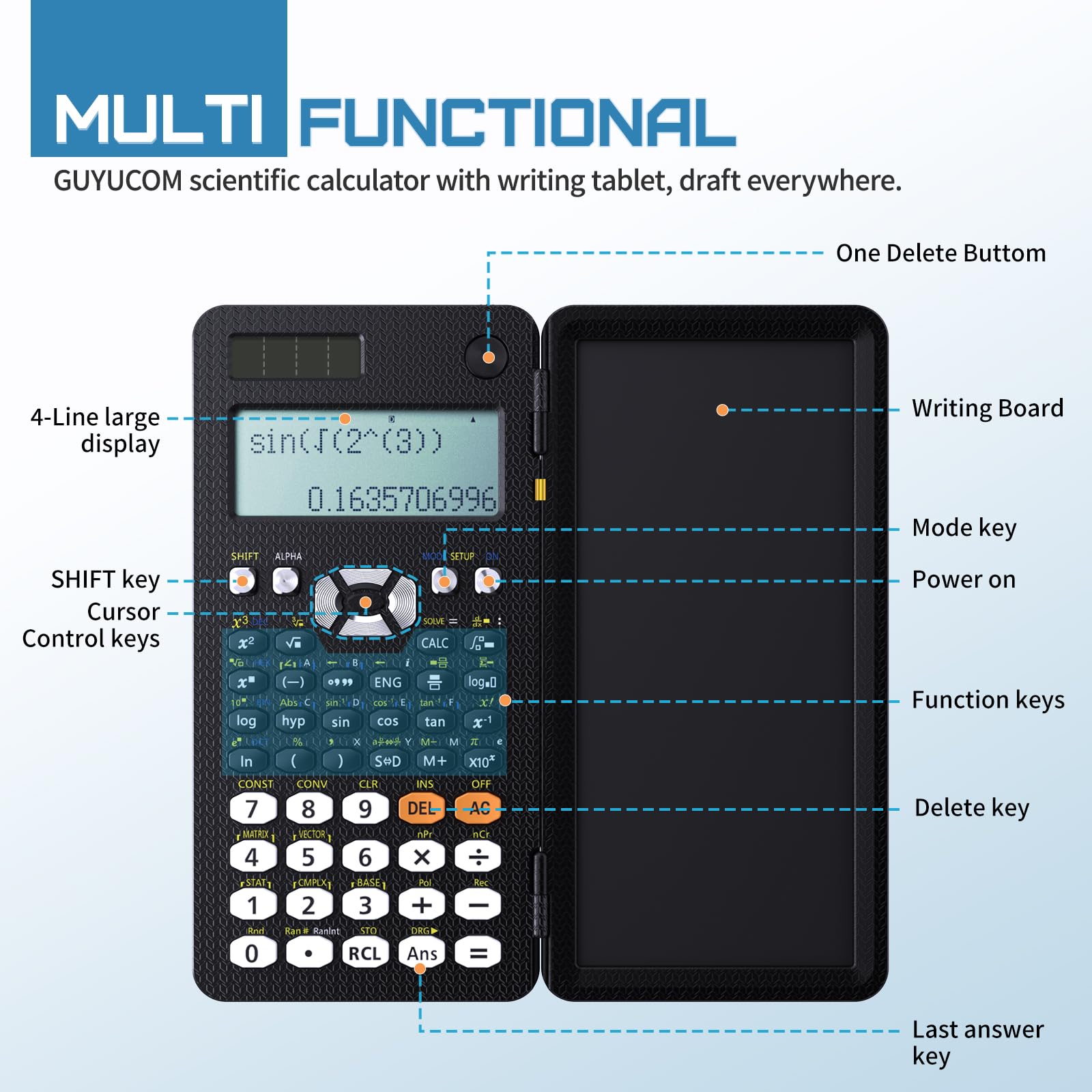 OSALO Scientific Calculator 417 Function 10+2 Digits Written Display Solar And Battery Calculator Protective Case For School Black (OS 991ES Plus 2nd Edition
