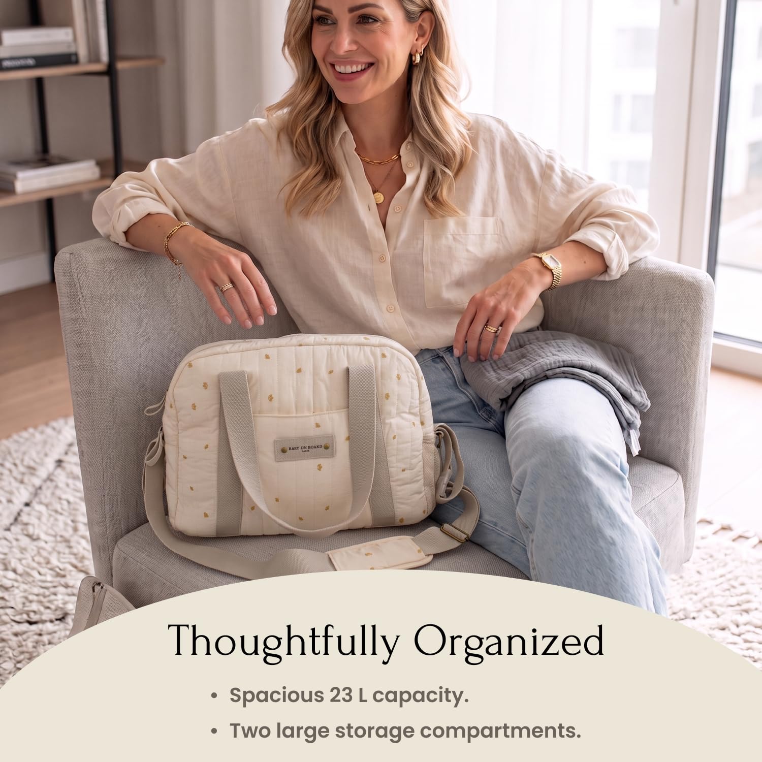 Baby on Board - Sac à Langer Simply Coton, 23L | 2 grands compartiments, Fixation poussette incluse, Matelas à langer inclus, Porte-biberon isotherme, Lavable en machine