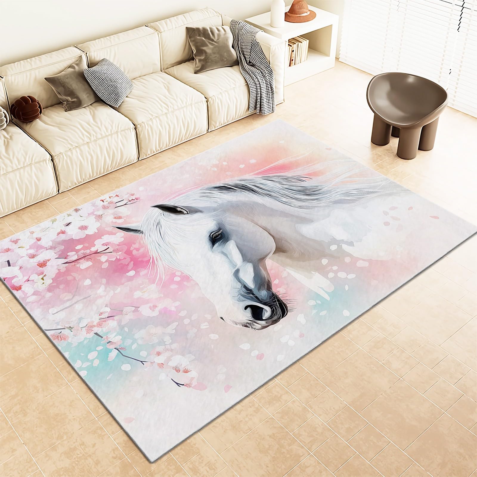 Kurzflor Rechteck Teppich Wohnzimmer 120x180cm Tiere Weißes Pferd Kirschblüten Waschbarer Teppich für Mädchen Junge Schlafzimmer Hellrosa Kinderzimmer Flauschig rutschfest