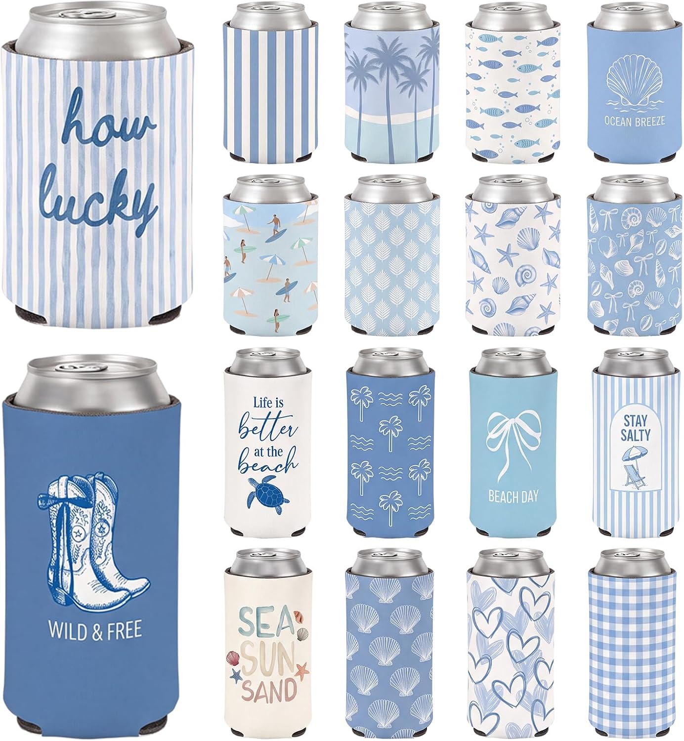 Chengu 18 Pcs Beach Can Cooler Sleeves Bulk Coastal Insulated Can Holder