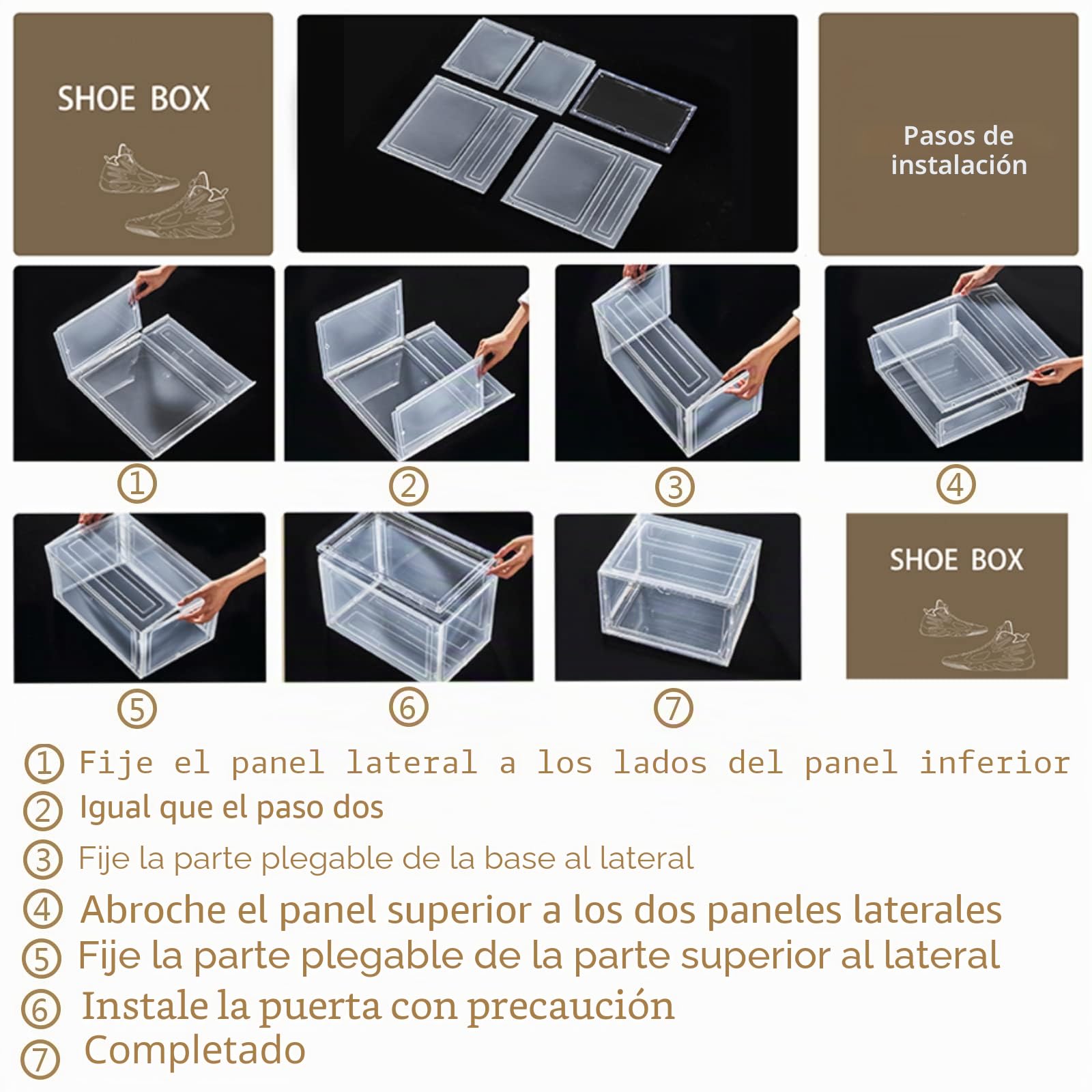 Caja de zapatos, cajas de zapatos transparentes apilables, cajas de plegables transparentes para zapatos de hasta 33 x 28,5 x 19 cm, transparente