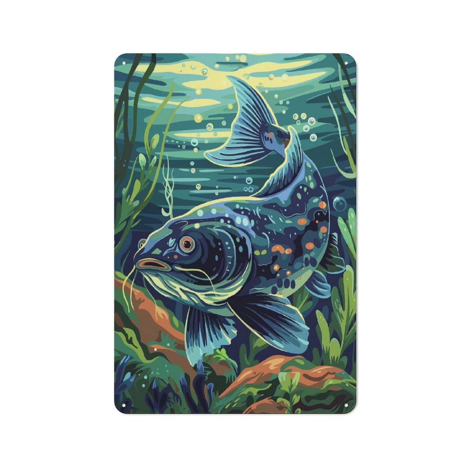 Junmoney Style-2 Tin Wall Plaque 30X20cm With Catfish Underwater For Café Or Restaurant, New Home Wall Decor For Hospitality Interior Collectors