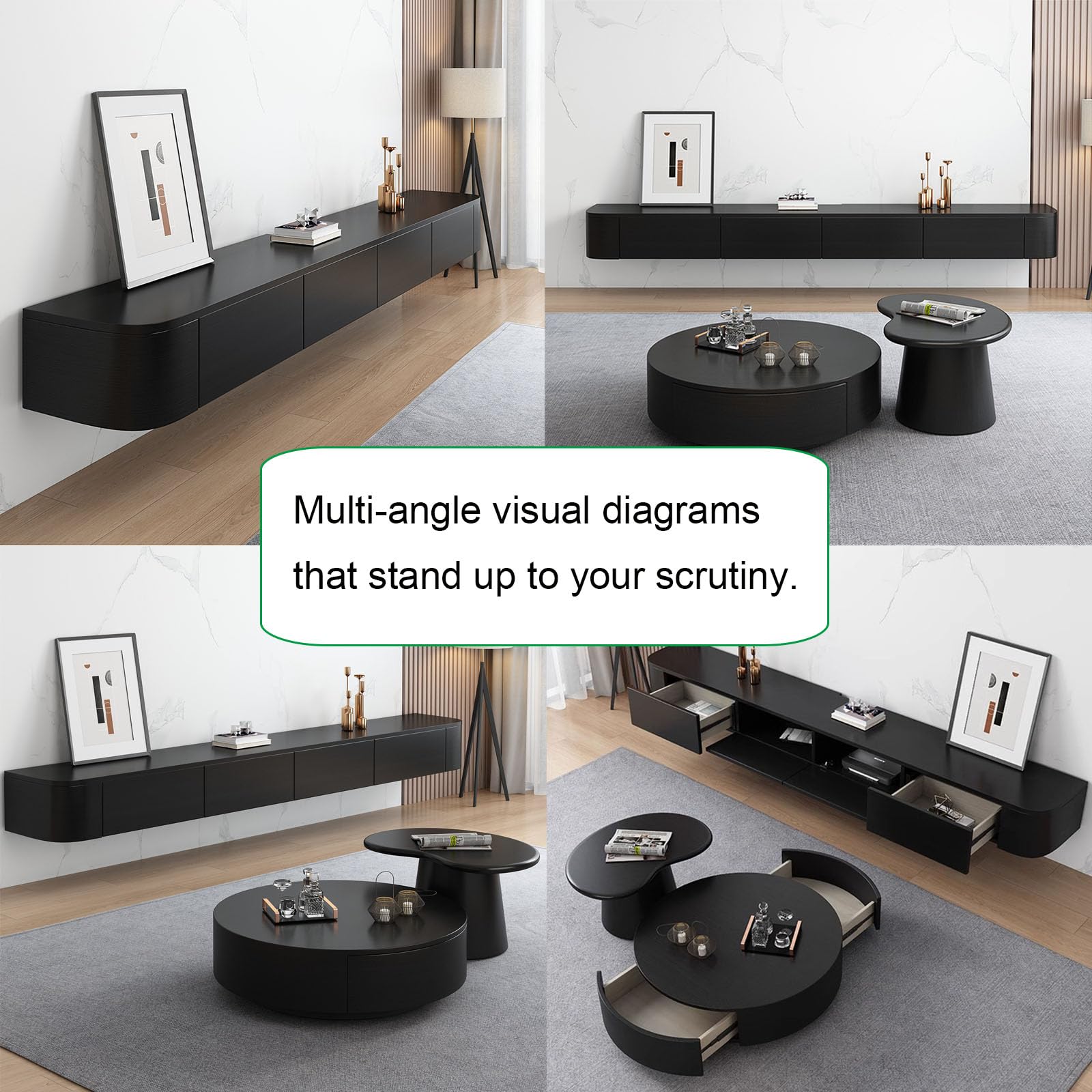 Supporto TV Sospeso in Legno Massello per Soggiorno Casa - Tavolino Supporto TV 140, 160, 180, 200, 220, 240 cm, Diverse Dimensioni (Nero, 220 x 20 x 24 cm)