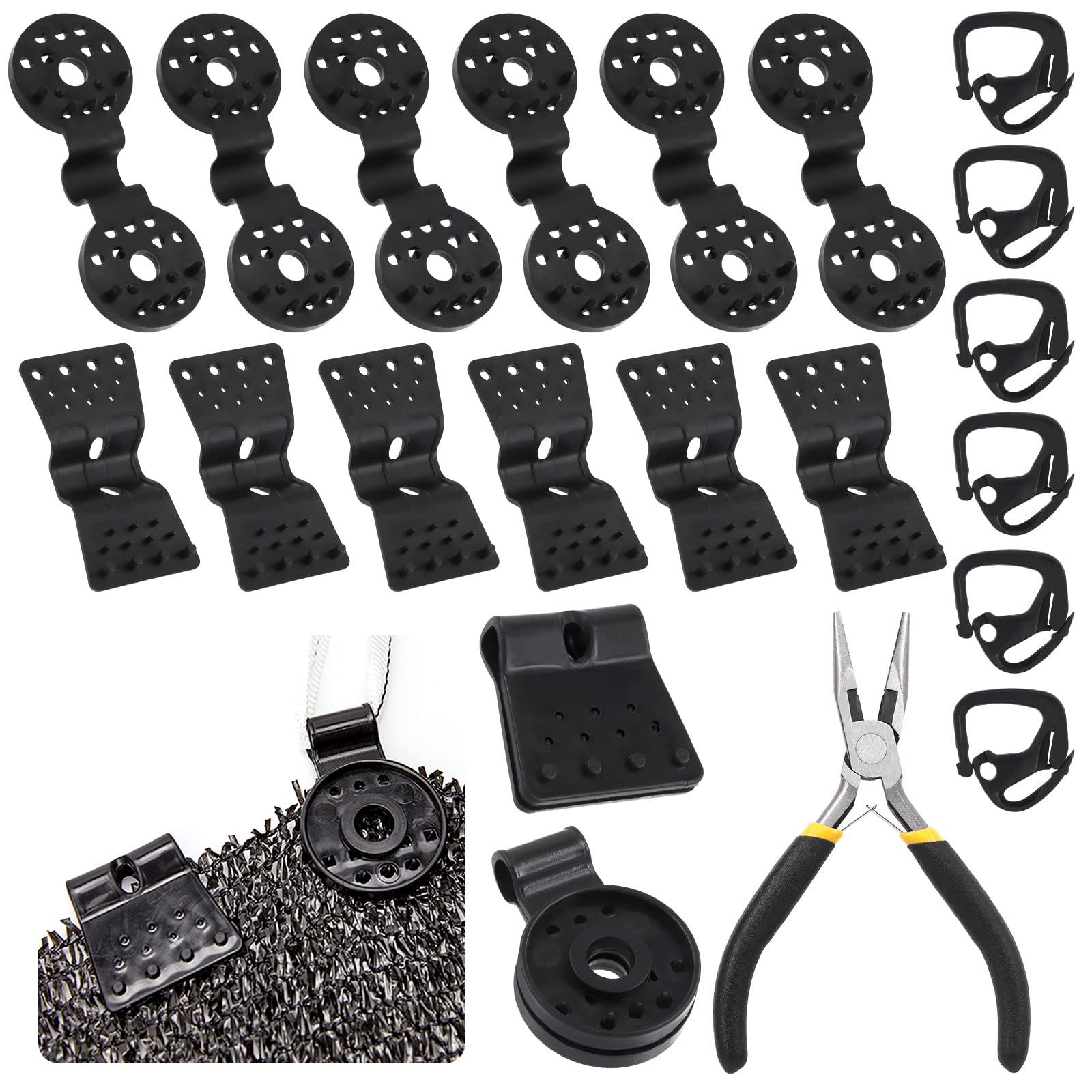 Mardatt 91 Pcs 3 Type Shade Cloth Plastic Clips with Tip Pliers, Black Shade Net Hook and Round Shape/Butterfly Clip, Sunshade Hooks Shading Net Clip for Anchoring Sun Shade Net, Anti Bird Netting