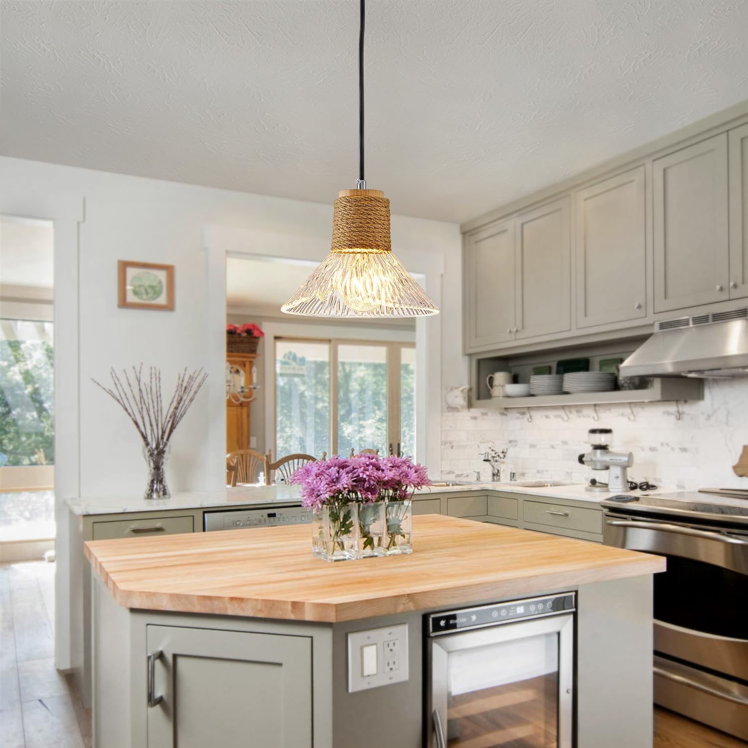 Pendant Light with Clear Striped Glass Lampshade, Boho Hemp Rope Woven Vintage Chandelier, Adjustable Height Hanging Island Light for Dining Room Living Room Hallway