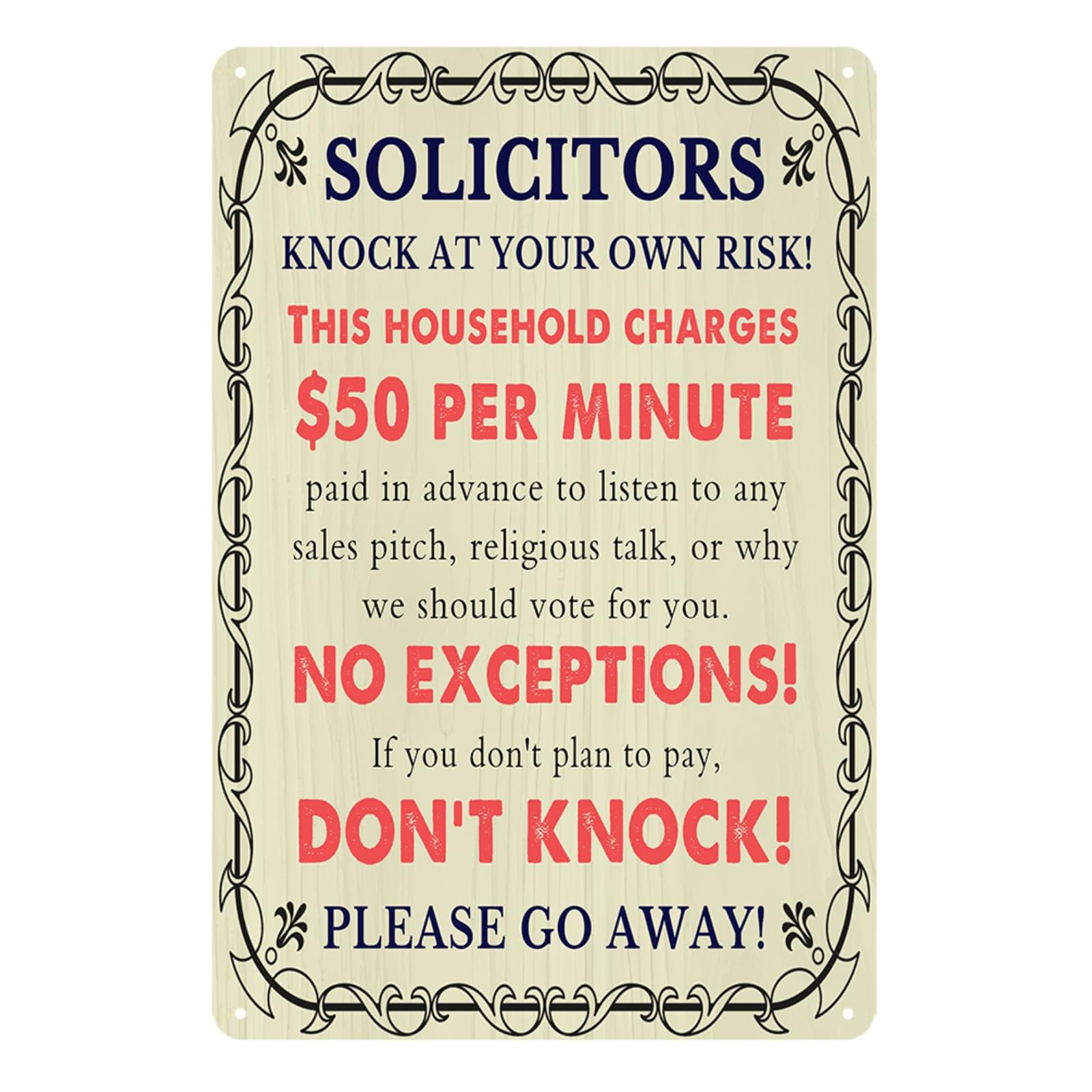 SMAZDFXX No Soliciting Sign Funny Metal Tin Sign Solicitors Knock at Your Own Risk Signs no soliciting sign for front door Don‘t Knock Sign for House Door Yard Office Sign 8"x12"