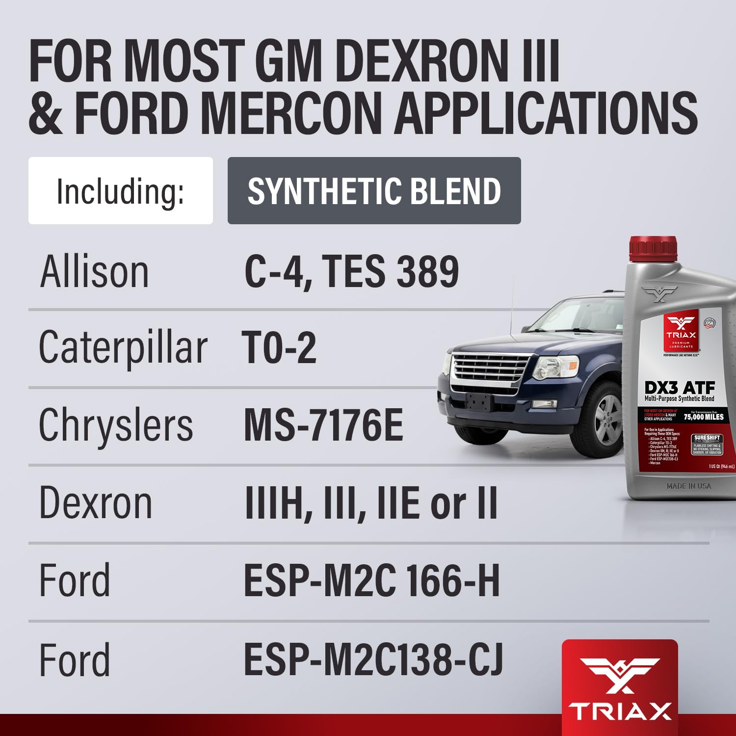 TRIAX DX3 ATF - Compatible con la mayoría de aplicaciones GM Dexron III y Ford Mercon- Multiusos, optimizado por fricción, líquido de transmisión automática de alto kilometraje (5 cuartos de galón)
