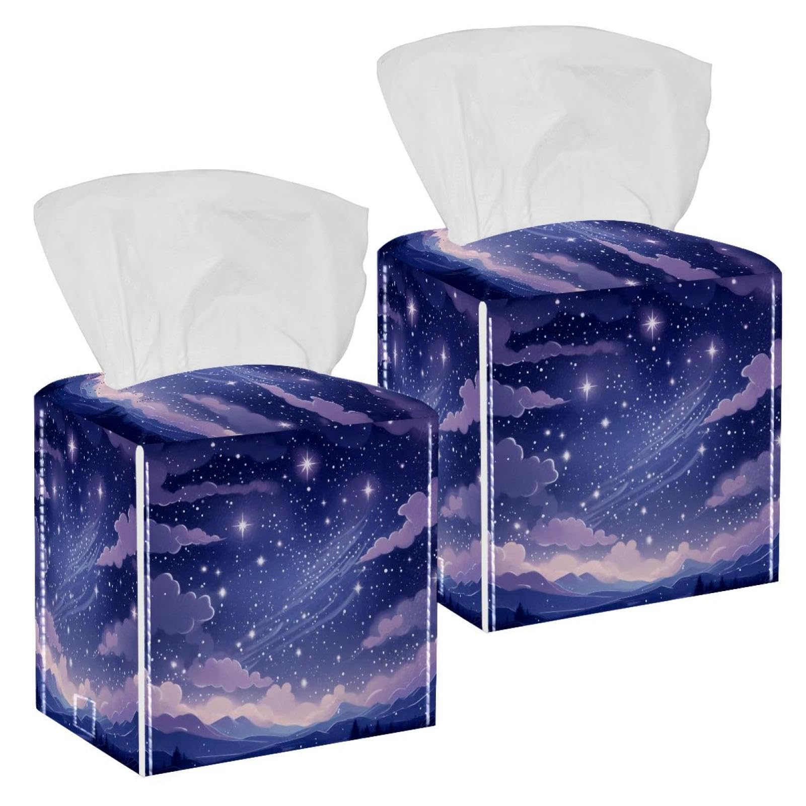 Purple Starry Sky Tissue Box Cover, 2 Pack PU Leather Square Facial Tissue Dispenser Box holder for Home Office Car
