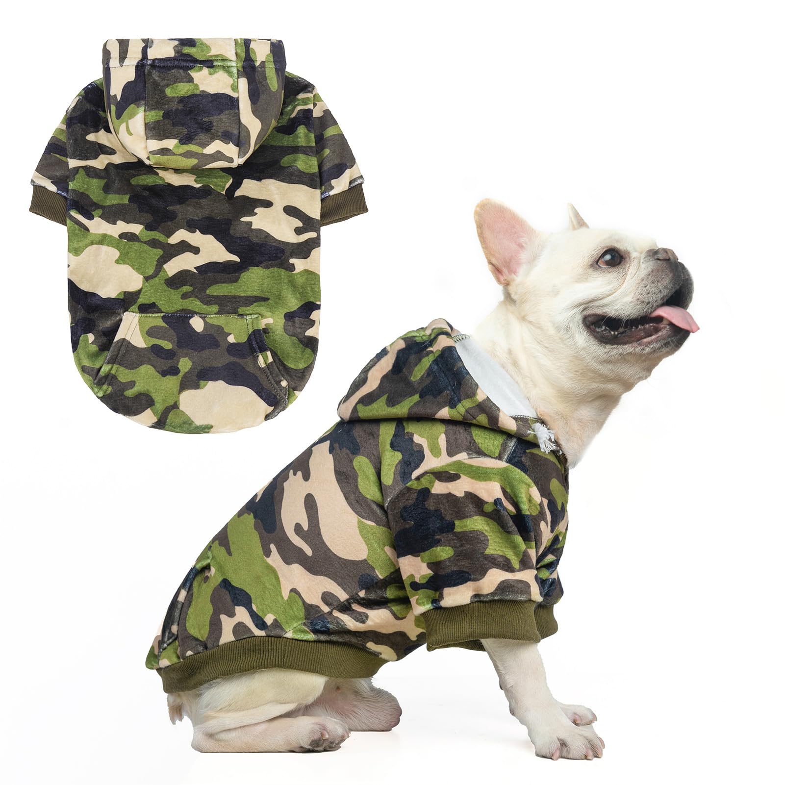 BEAUTYZOO Dog Hoodie for Small Medium Dogs Puppy, Soft Fleece Dog Sweater Cold Weather Coats with Pocket, Pet Outfits Hooded Sweatshirt Chihuahua Cat Jacket Clothing Warm Camo French Bulldog Clothes