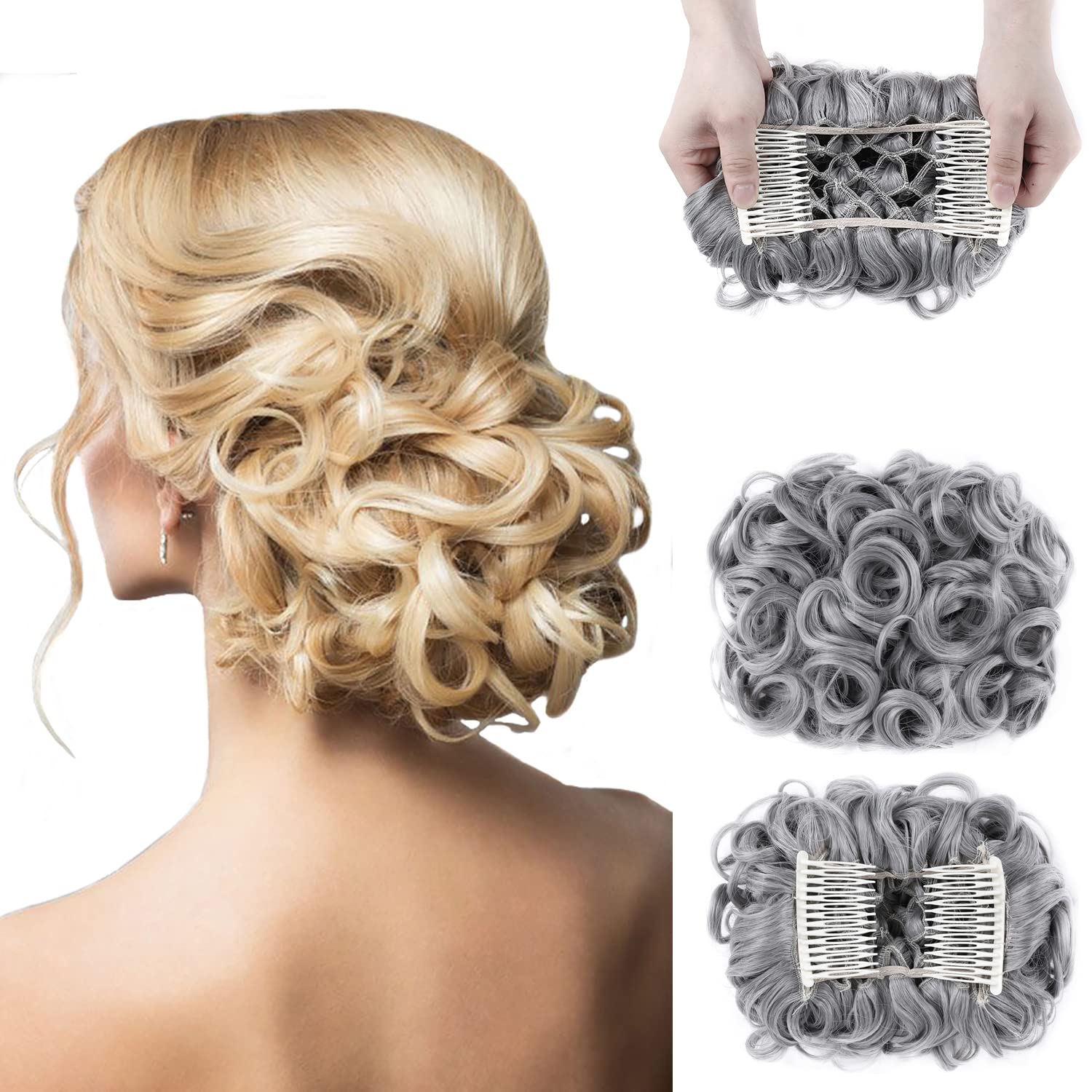 Elaine Combs Messy Bun Hair Piece Curly Dish Hair Buns Extension Thick Chignon Hairpiece Clip in Ponytail Scrunchies Hair Pieces for Women (Mixed Gray