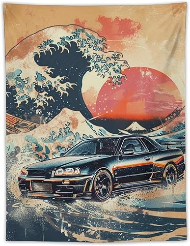 Miniatura 24 de QEOPGNE Tapiz grande para colgar en la pared, diseño de puente de puerta dorada, grandes olas, japonés, retro, Jdm, auto, R34, tapiz para