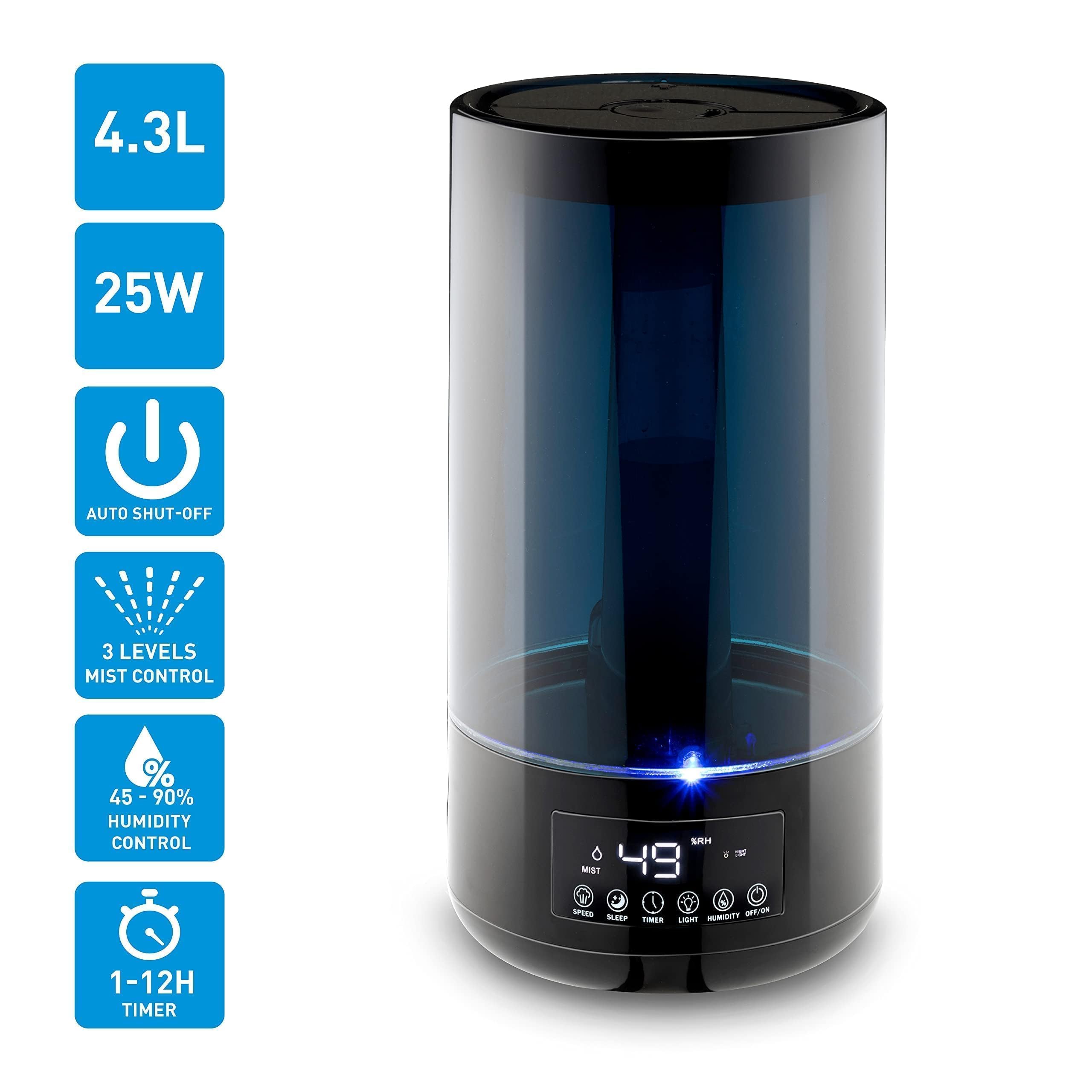 Grundig Luftbefeuchter und Aroma Diffuser 4,3L - Diffuser Ätherische Öle - Humidifier mit Hygrometer und Zeitschaltuhr - Räume der 15 zu 35m2 - mit Nachtlicht - Schwarz