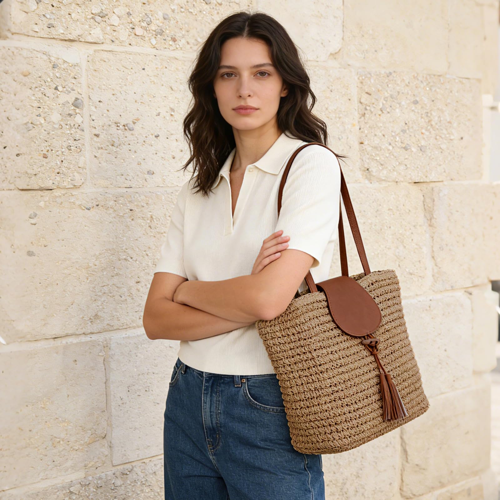 Sac Fourre-tout en Paille pour Femme Sac à Main Tendance pour La Plage Sac à Bandoulière Tissé Tendance pour Les Vacances