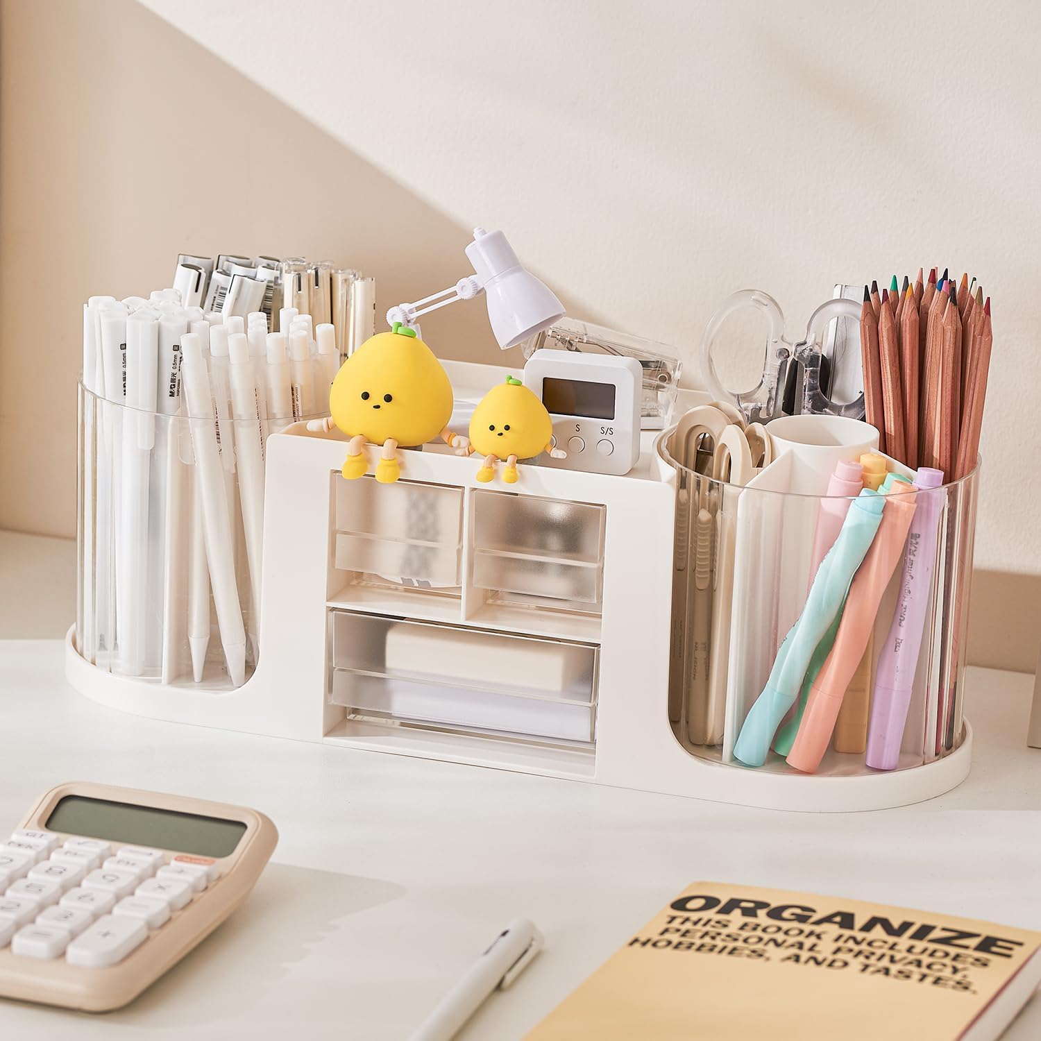 2025 New Rotating Pen Holder and Drawer Organizer with 360° Smooth Rotation and Detachable Design Art Supplies Storage Box for Home, Office Classroom (white)