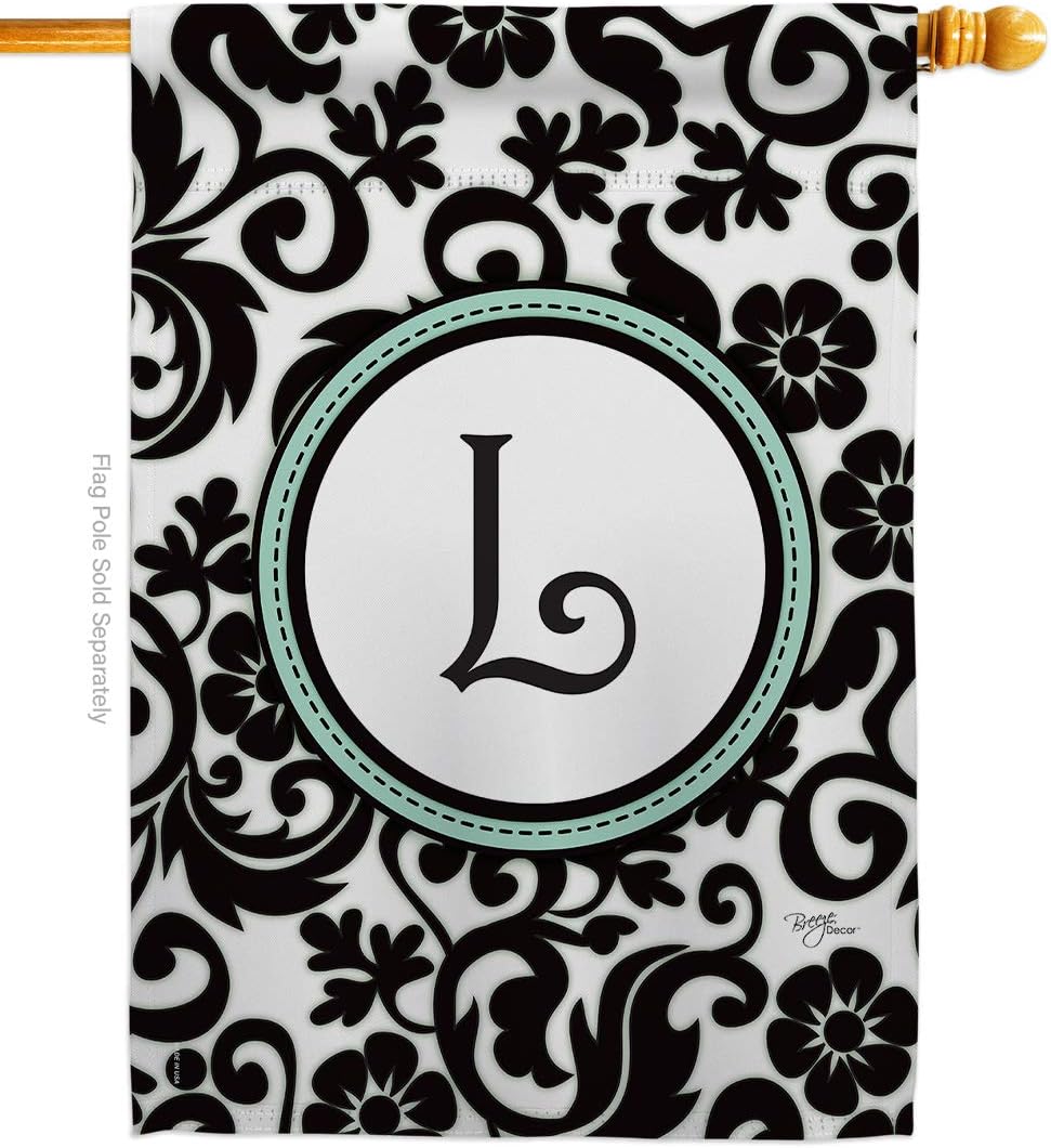 Damask L Initial House Flag Monogram Country Living Simply Beauty Floral Vintage Letter Everday Classic Small Decorative Gift Yard Banner Made In USA 28 X 40