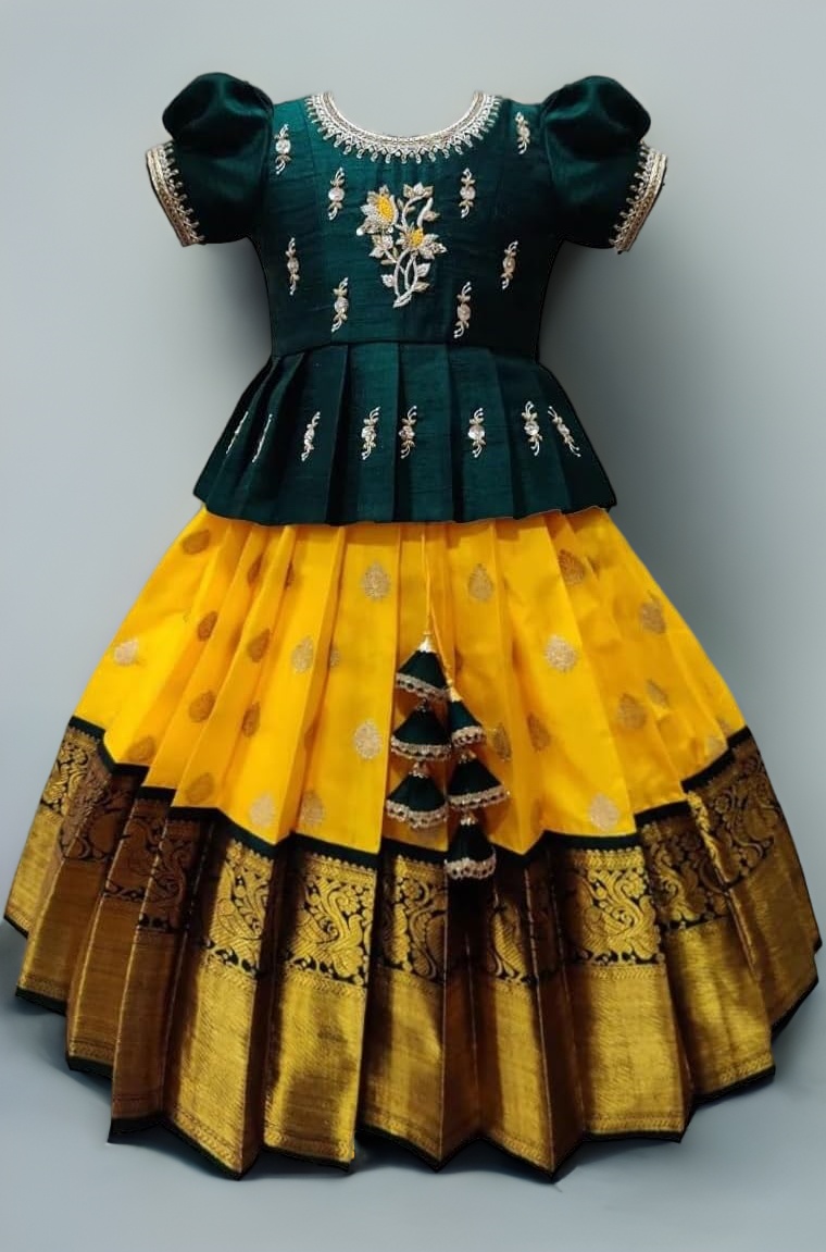 White Button Girls Jacquard New South Indian Traditional Pattu Pavadai Jecquard Readymade Lehenga Choli