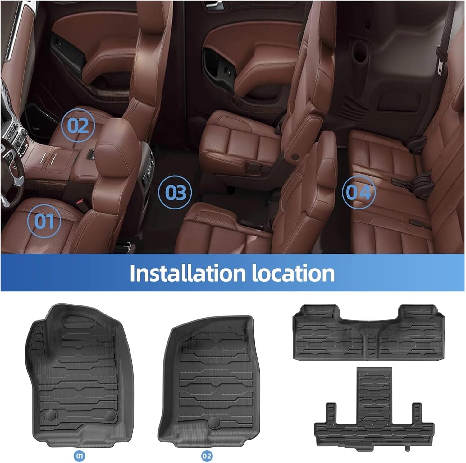 Compatible with Suburban GMC Yukon XL 7 Seats 2021-2024 TPE 3D Car Floor Mats Cargo Liner Trunk Pad Left Hand Drive(ChevyGMC LHD 5P)