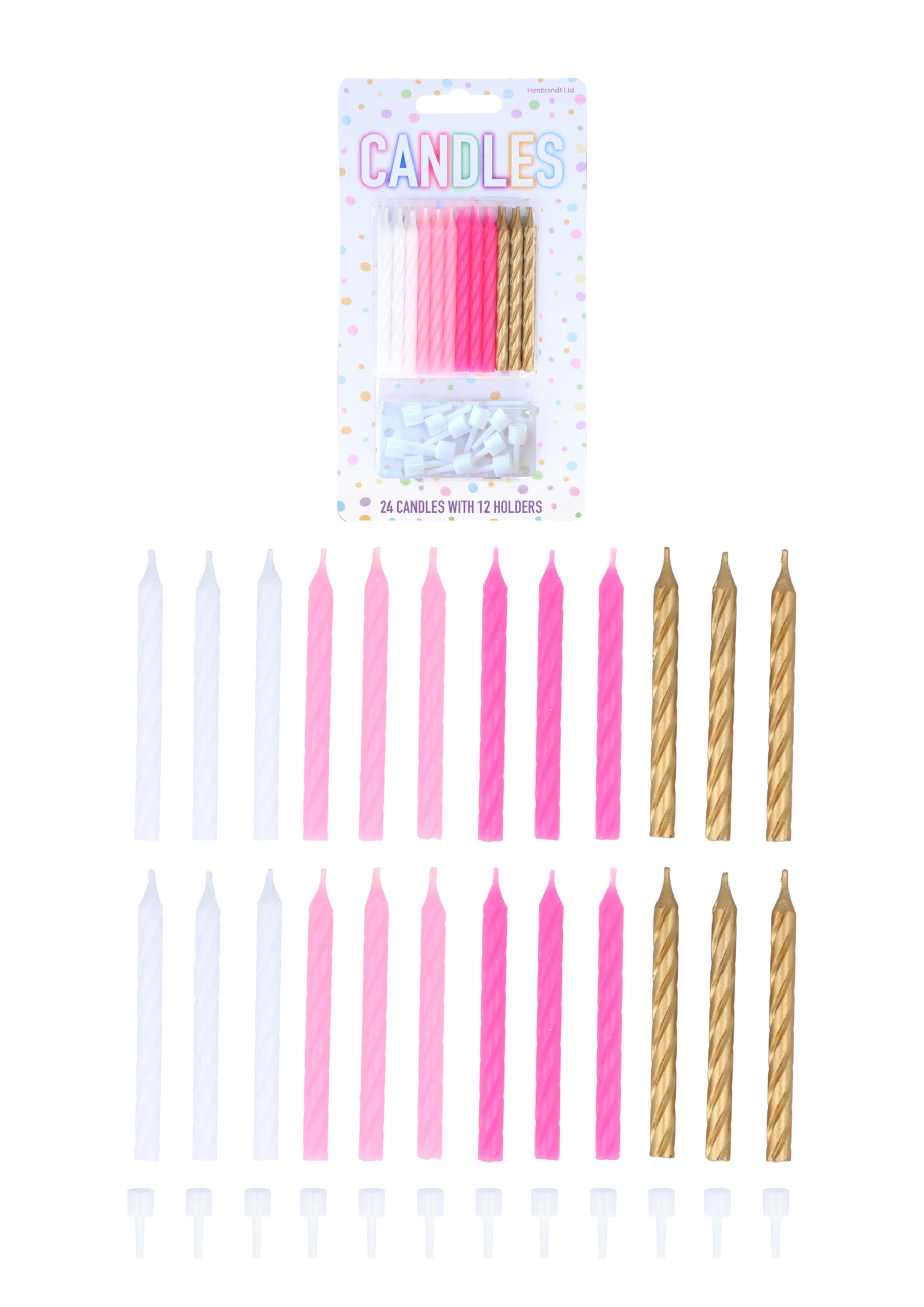 Henbrandt Pack of 24 Pink, White and Gold Party Candles with Candle Holders, Spiral Celebration Candles for Birthday Cakes Wedding Party Baby Showers and Anniversary Decorations