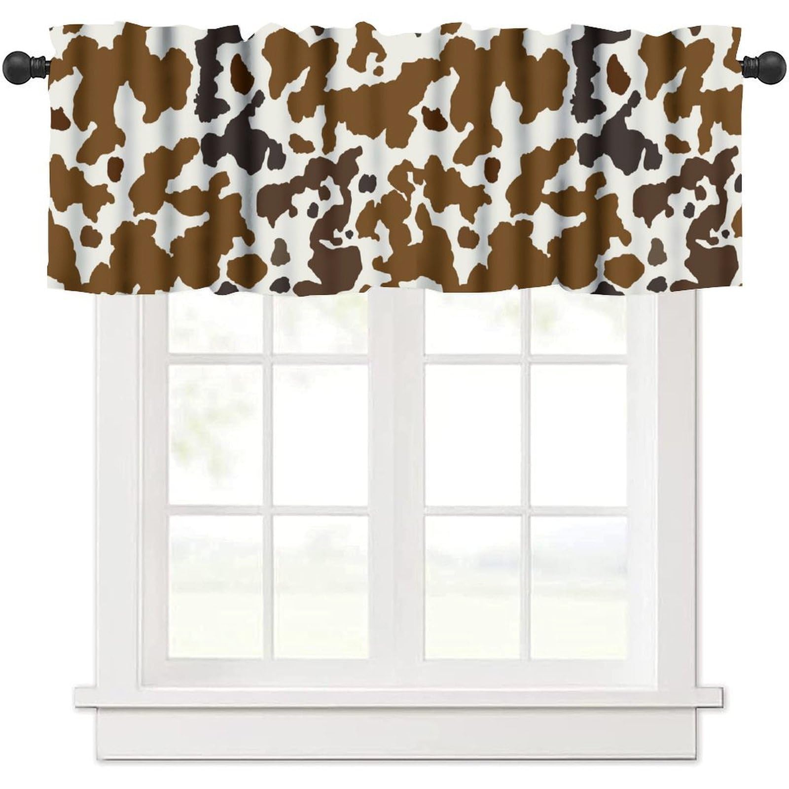 moderw Cow Skin Print Valance Curtains, Vintage Cottage Country Farmhouse Western Cowboy Brown Cowhide Print Window Curtain Valance for Home Kitchen Bedroom Living Room 54x18inch