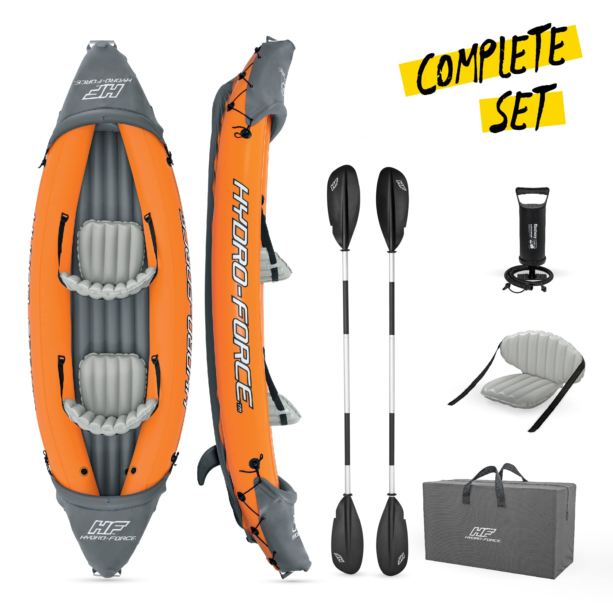 Hydro-Force Rapid Kayak Gonflable pour 2 Personnes avec sièges, Dossier, pagaies, Pompe à Main et Sac de Transport, Orange