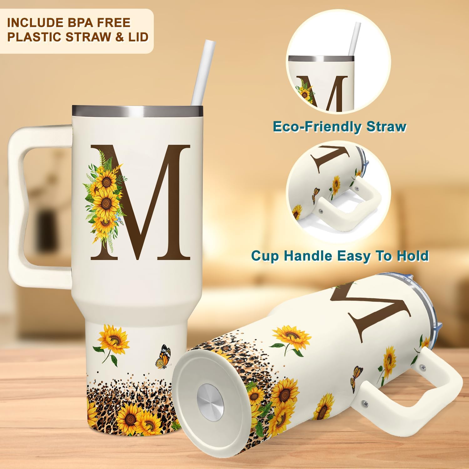 Personalized Birthday Gifts For Women - Sunflowers Monogrammed Cup For Boss Day, Christmas - Customized Gifts For Women, Mom, Wife, Coworkers, Boss Lady, Her - Custom Tumbler With Handle 40oz - Image 4