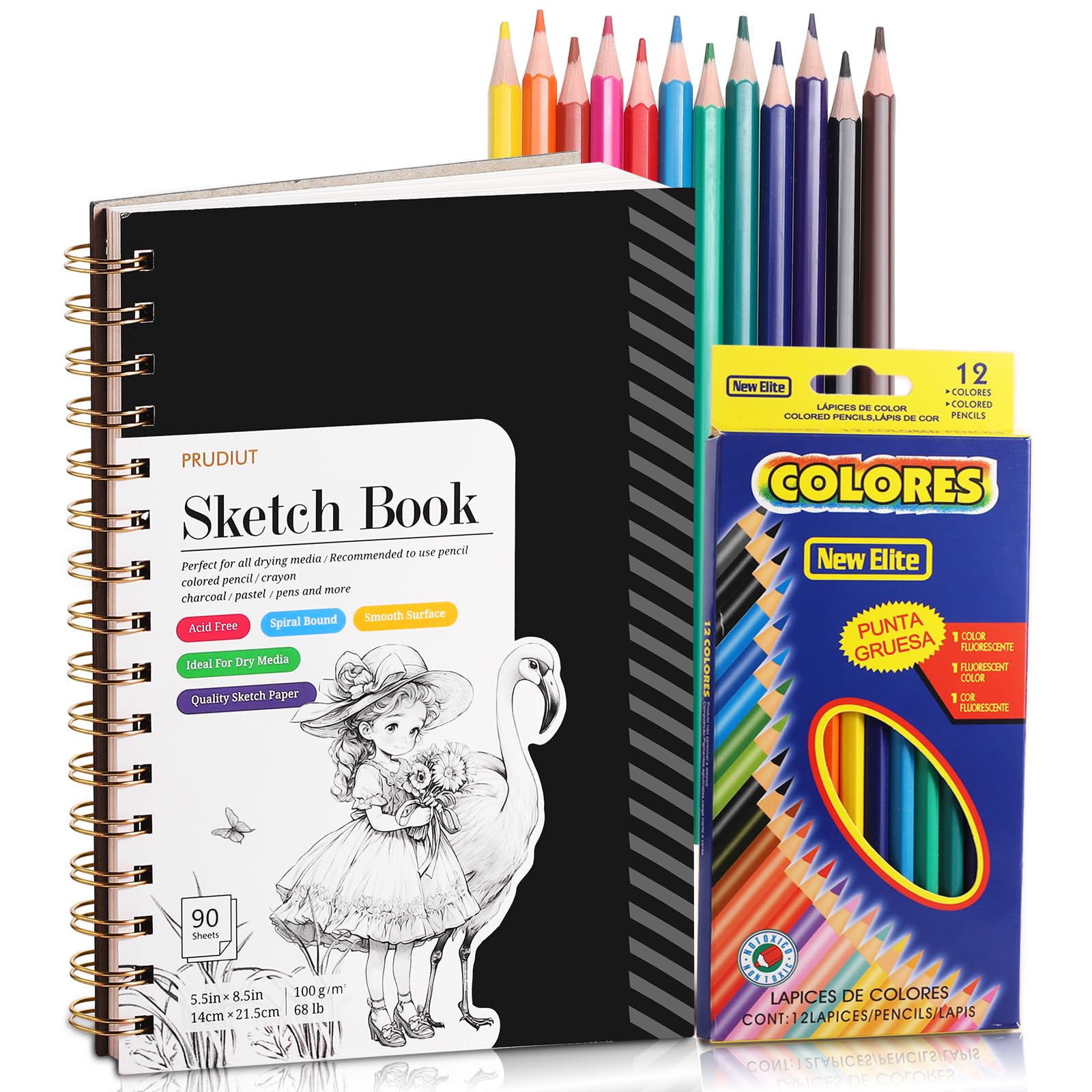 Sketch Book with 12 Color Pencil Set, 100 Sheets Spiral Sketchbook for Drawing (68lb/100gsm), Acid-Free Sketch Pad for Kids Artist, Art Paper Drawing Supplies for Gifts (5.5x8.5 inch)