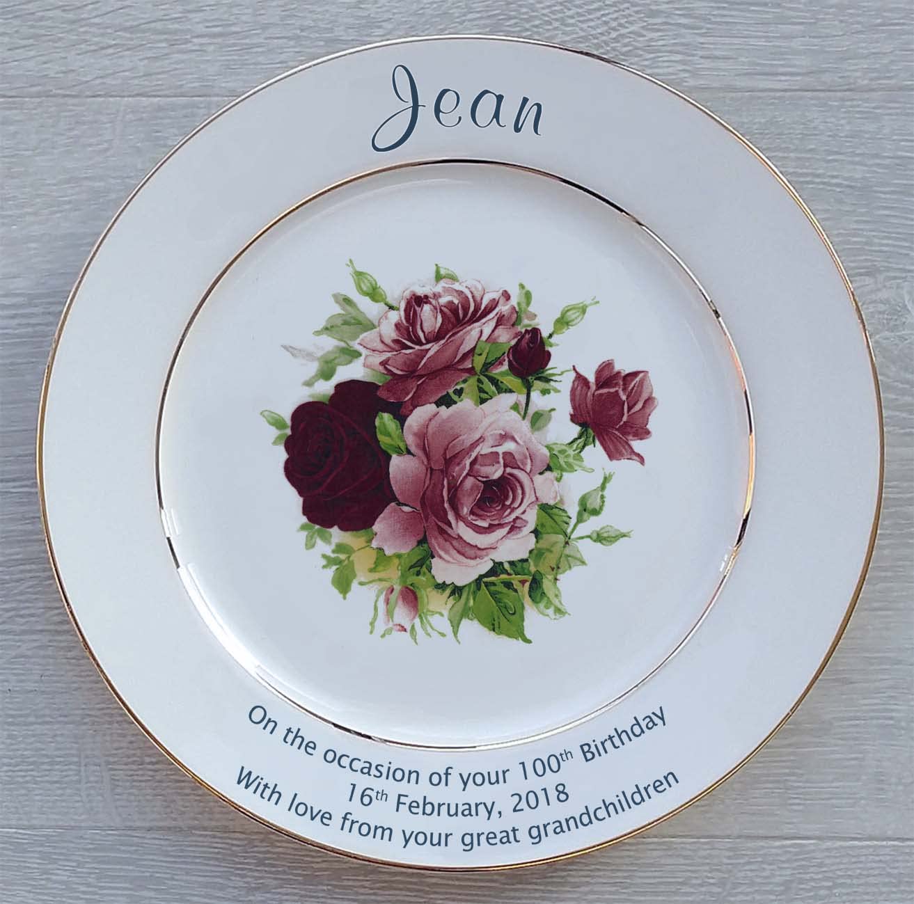 All About Names Personalised Bone China Plate for a Birthday - Summertime Design on a plate with Gold Bands