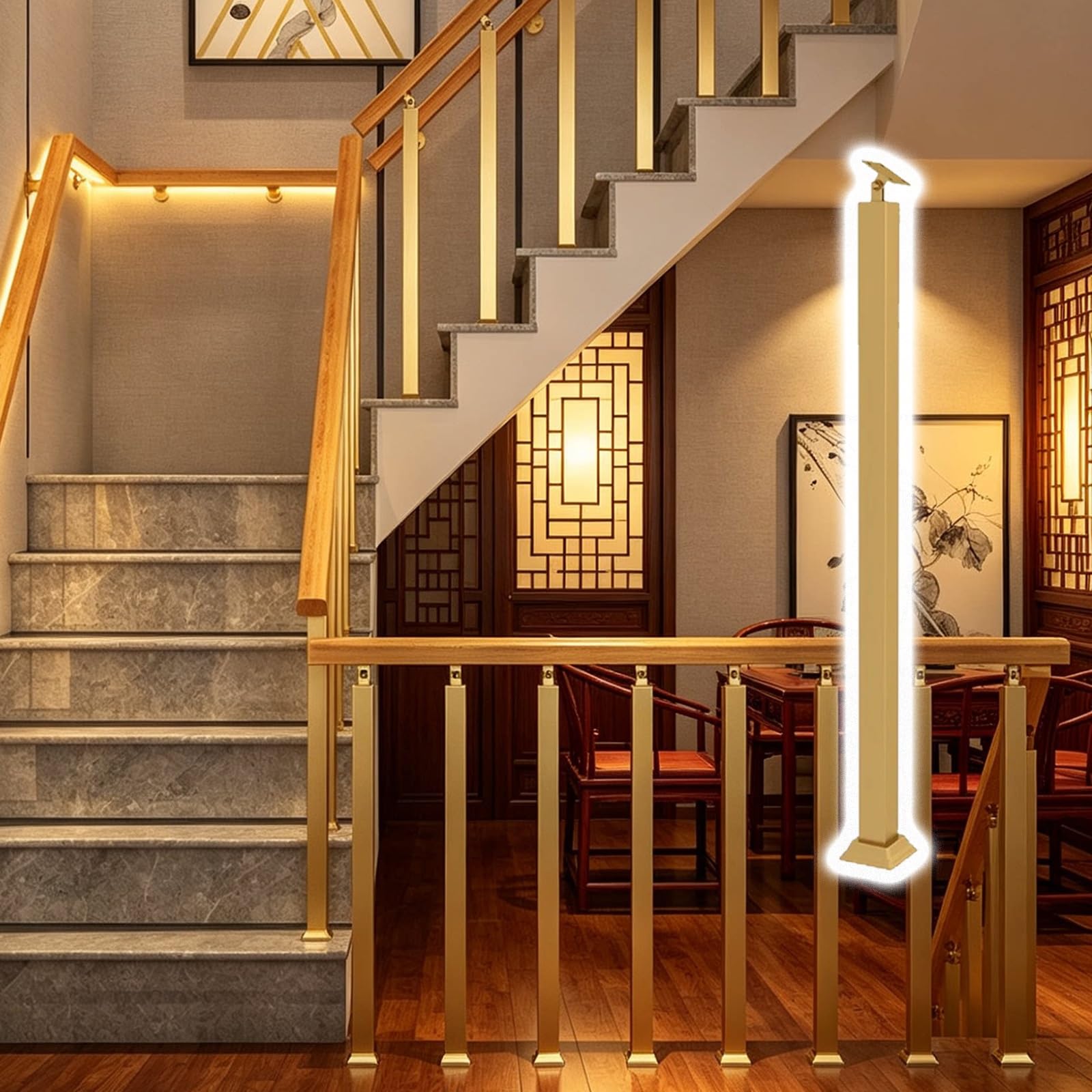 Mlyaye Gold Stair Handrails Balusters Columnar Short, Square Tube Design Iron Staircases Banister Post Stairway Steps Support Rod For Level/Slope Staircases(,H-95Cm/37.4In)