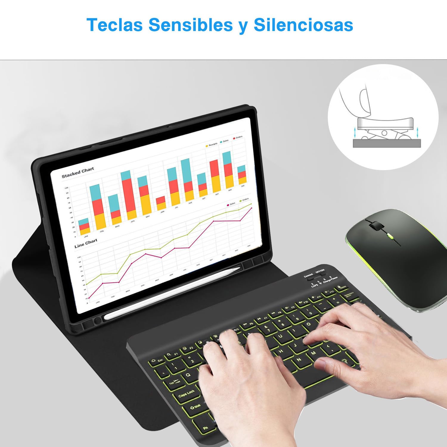 Retroiluminado Teclado y Ratón Inalámbrico Bluetooth, Teclado y Ratón Recargables Silenciosos y Portátiles para iPad Tablet/PC/iOS/Android/Windows, QWERTY Español Ñ, Retroiluminado