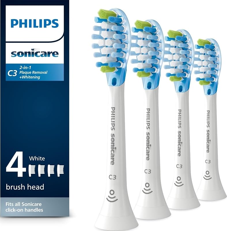 Philips Sonicare C3 Two-in-One Brush Heads, 4-Pack, 1 Year Supply, White | 1000% More Plaque Removal¹, 100% More Stain Removal², BrushSync Reminder, Up To 62,000 Bristle Movements Per Min, HX9044/65