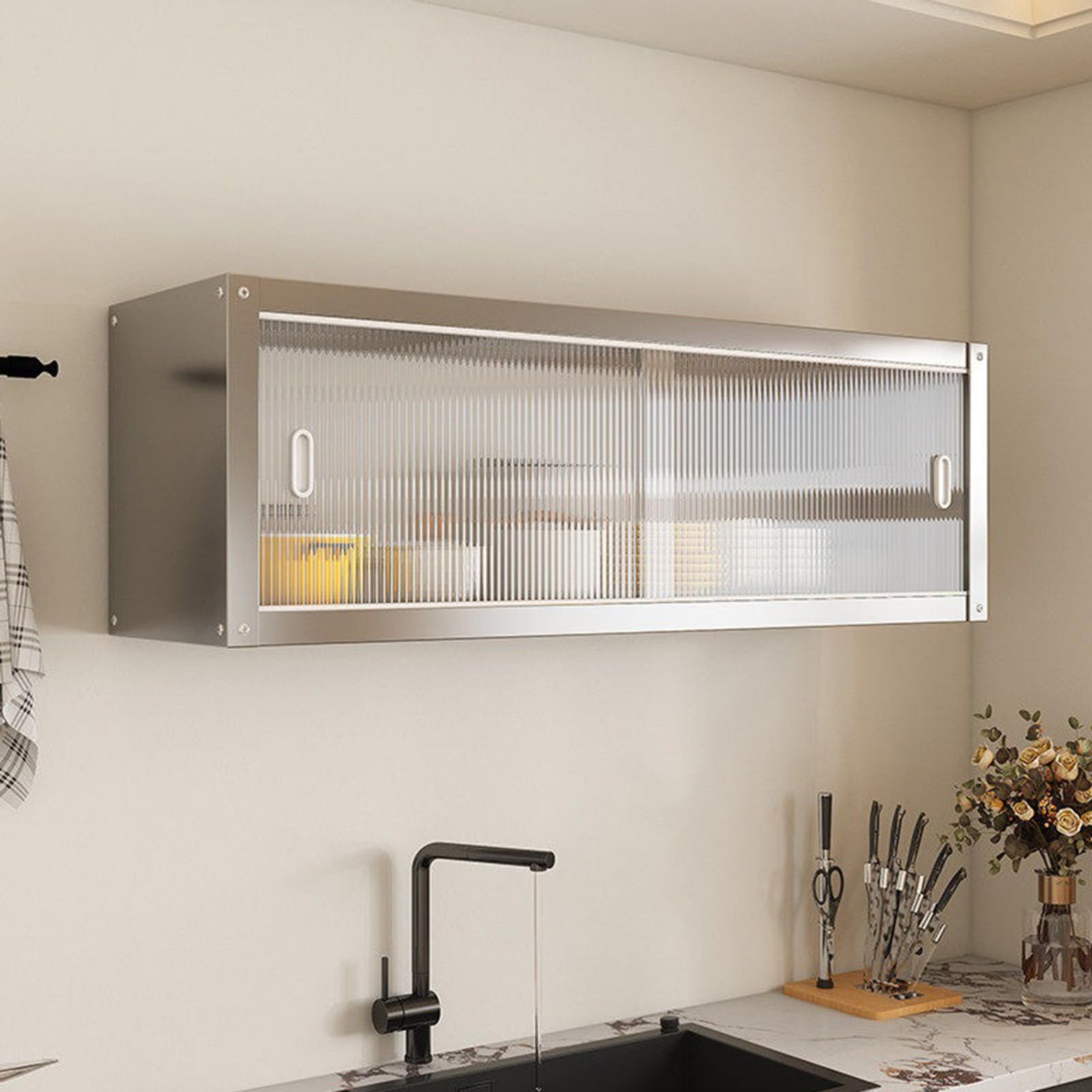 Generico Armadio a Muro in Acciaio Inossidabile con Ante scorrevoli, Armadio pensile da Cucina, Armadio Multifunzionale sospeso, armadietti da Bagno per Garage, Ufficio e Cucina