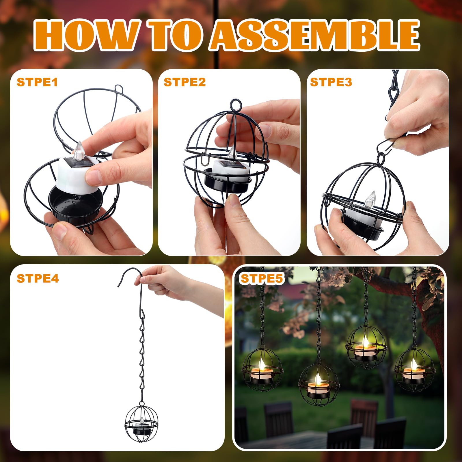 VIHOSE Confezione da 4 lanterne solari da appendere per esterni, portacandele a sfera con luci solari da appendere all'albero, impermeabili, idee per cortile, pergola, albero, recinzione, decorazione