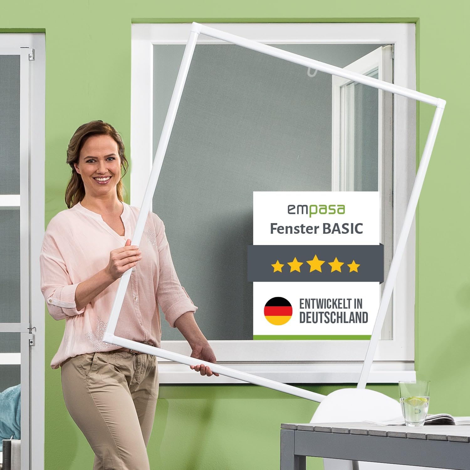 empasa Insektenschutz Fenster Basic mit Alurahmen in Weiß, Braun oder Anthrazit und FILATEC® Gewebe in Schwarz, kürzbarer Bausatz zur Selbstmontage, Farbe:weiß, Größe:100 x 120