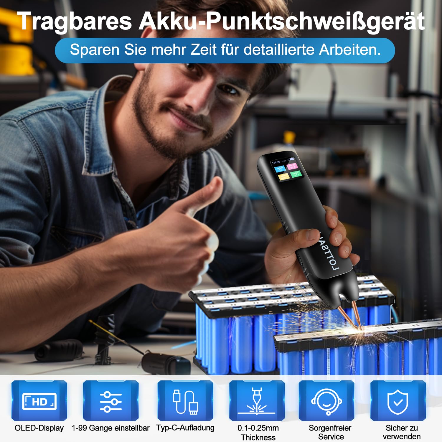 Handheld Akku Punktschweißgerät mit Automatischen und Manuellen Modi, 99 einstellbaren Geschwindigkeiten für DIY-Akkupacks, LED-Anzeige