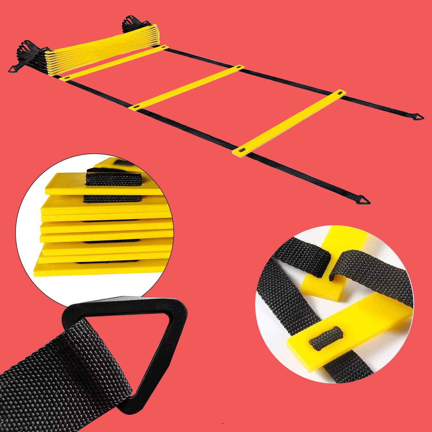 OYE Set di attrezzature da allenamento per calcio, scala in plastica pesante da 6 m - 10 coni a disco, 4 chiodi e 1 borsa portatile, scala per allenamento, scala per esercizi di calcio, tennis