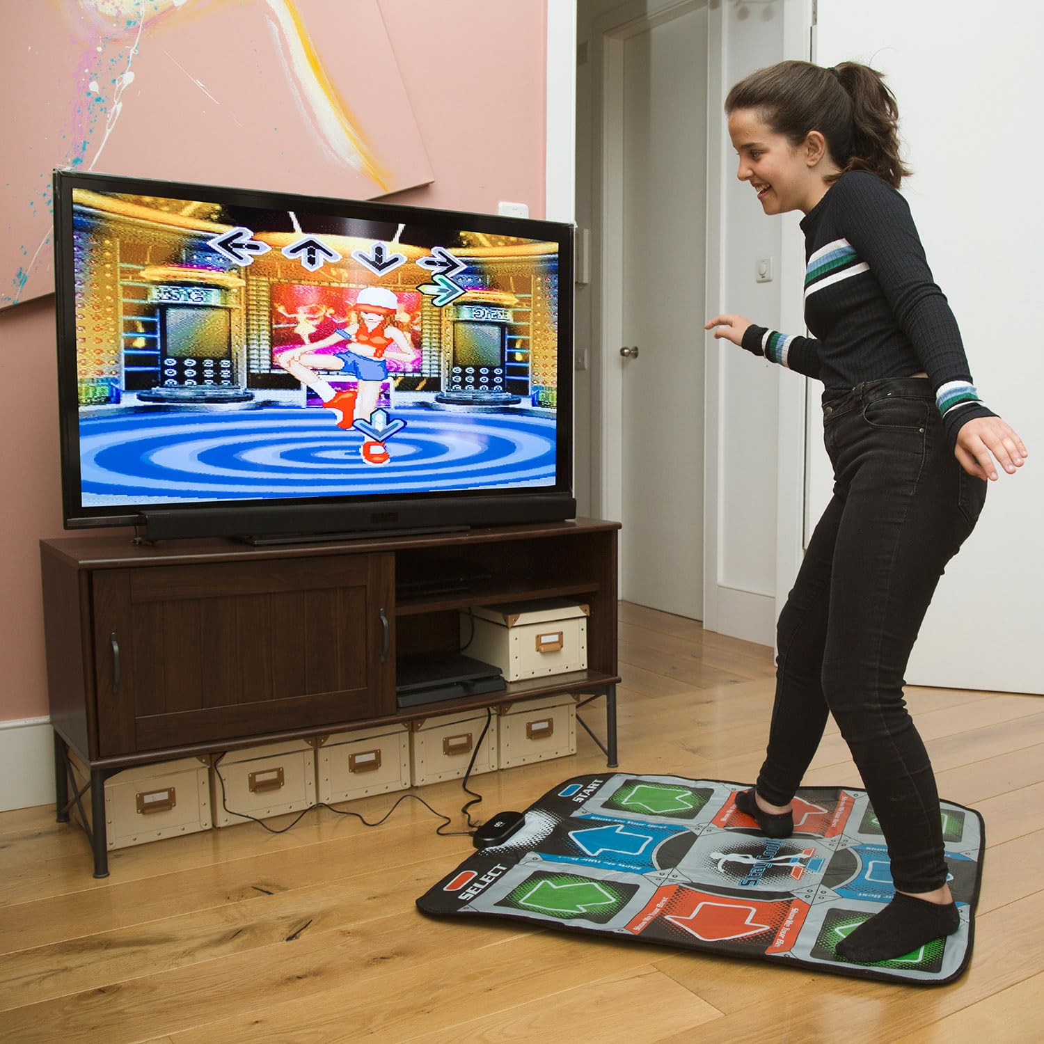 Mad Monkey Tanzmatte mit TV Anschluss & HDMI Konverter, Dance Game mit 110 Songs & 9 Leveln, 2 Spieler Modus, rutschfeste Musik Spielmatte für Kinder & Erwachsene, Arcade Tanzspiel