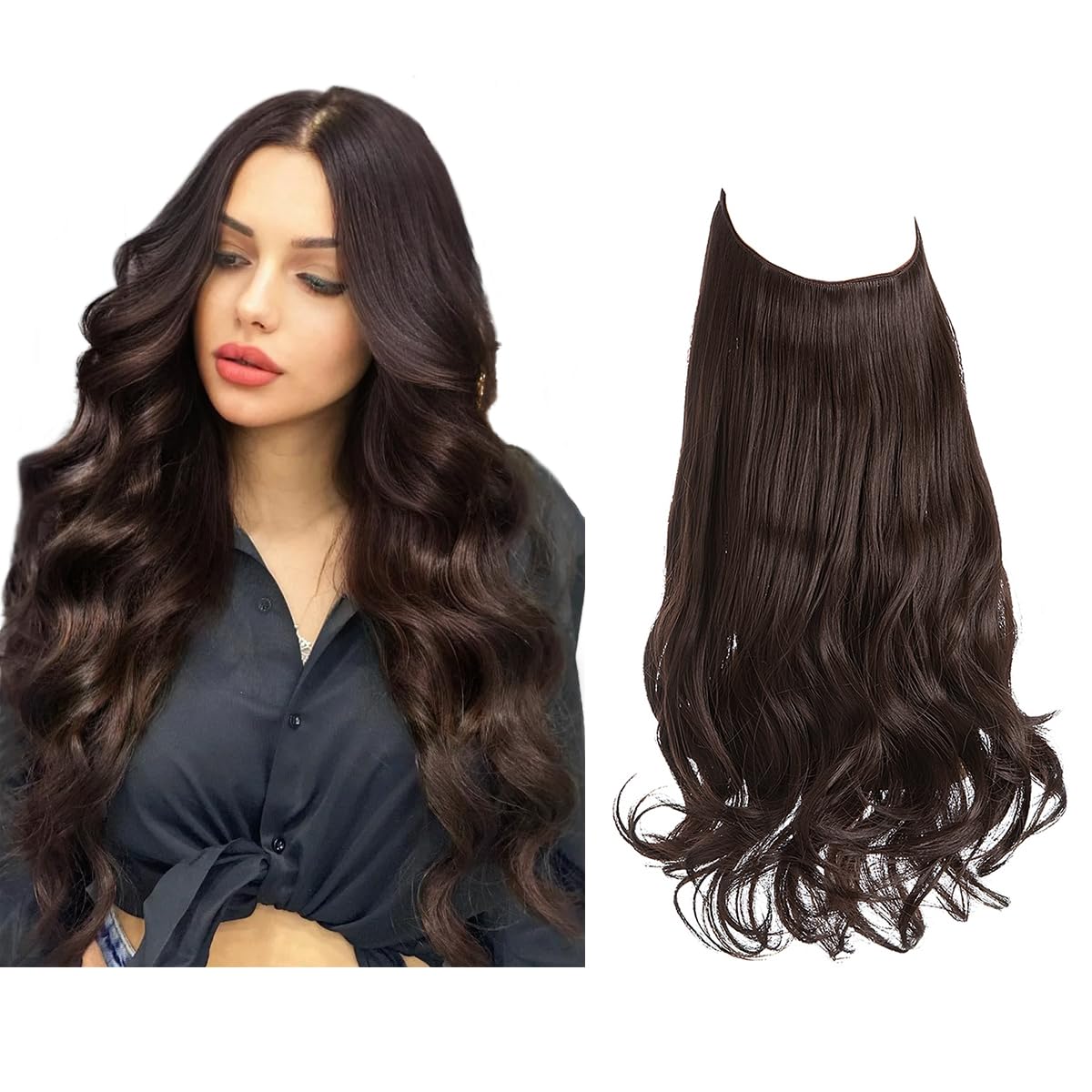 SARLA Dark Brown Hair Extensions Invisible Wire Wavy Curly