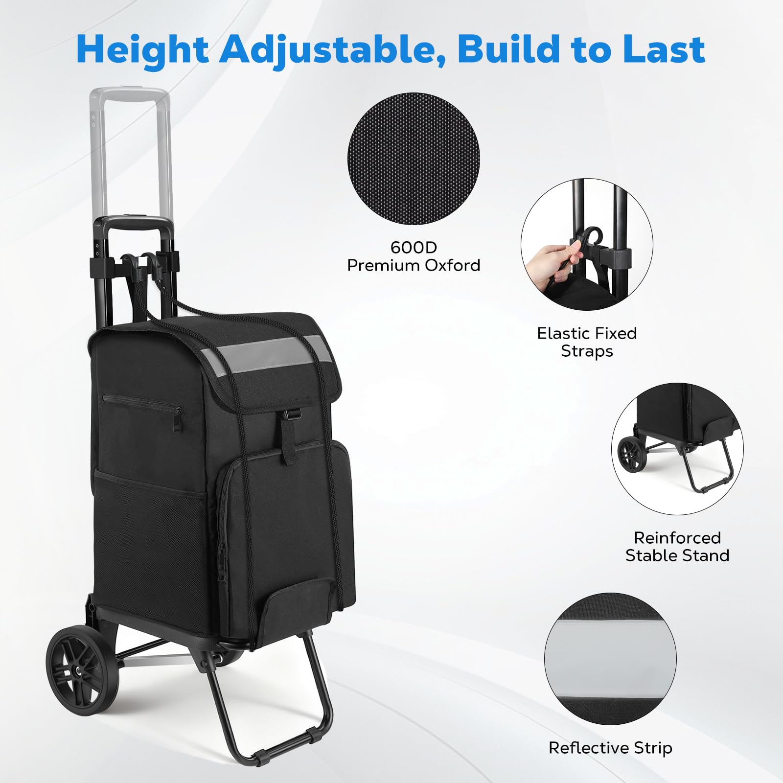 Housolution Einkaufstrolley Klappbar, 46L/136KG Kapazität Einkaufswagen Einkaufstasche mit Rollen, 2 in 1 Faltbarer Sackkarre Hackenporsche für Einkäufe und Reisen