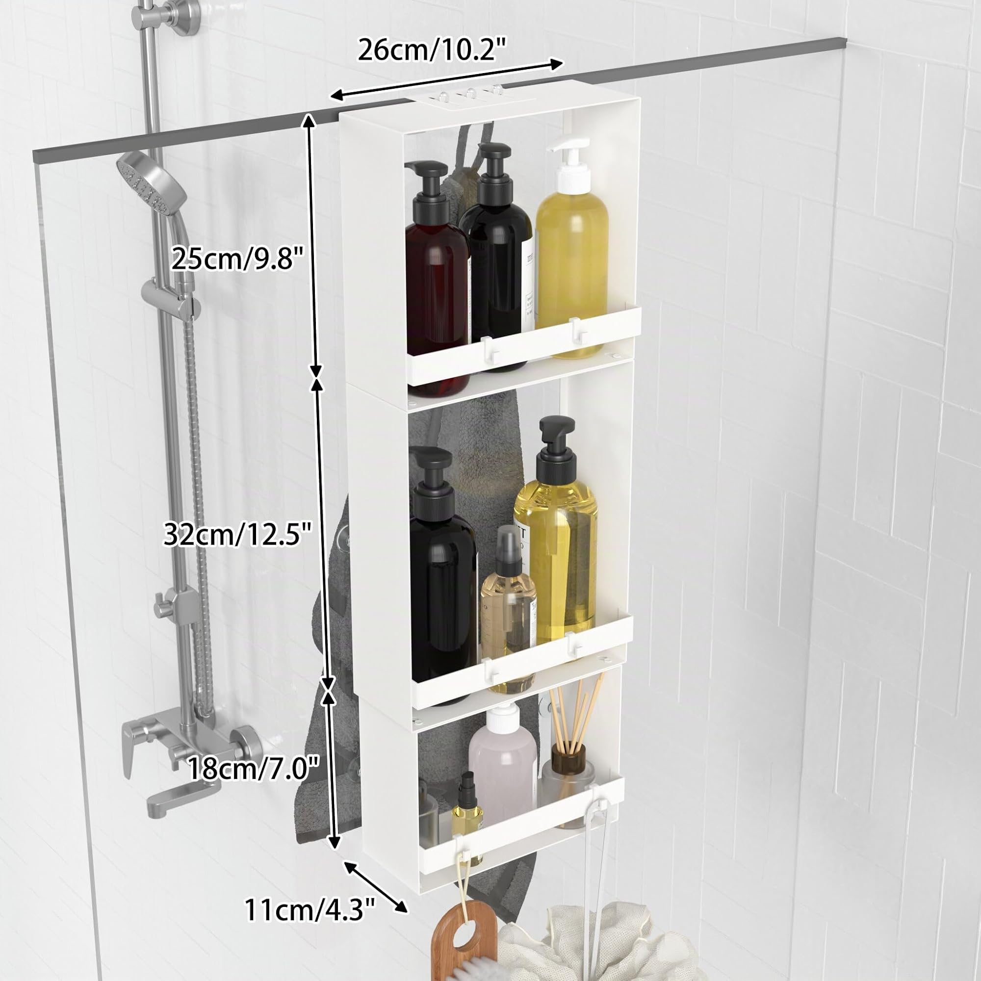 Duschablage zum Hängen, 3. Stock Duschablage 0hne Bohren Mattweiß, Badezimmer Organizer mit 4 Saugnapf zur Unterstützung & 8 Beweglichen Haken Ausgestattet, Shampoo Halterung Dusche für Glasduschtüren