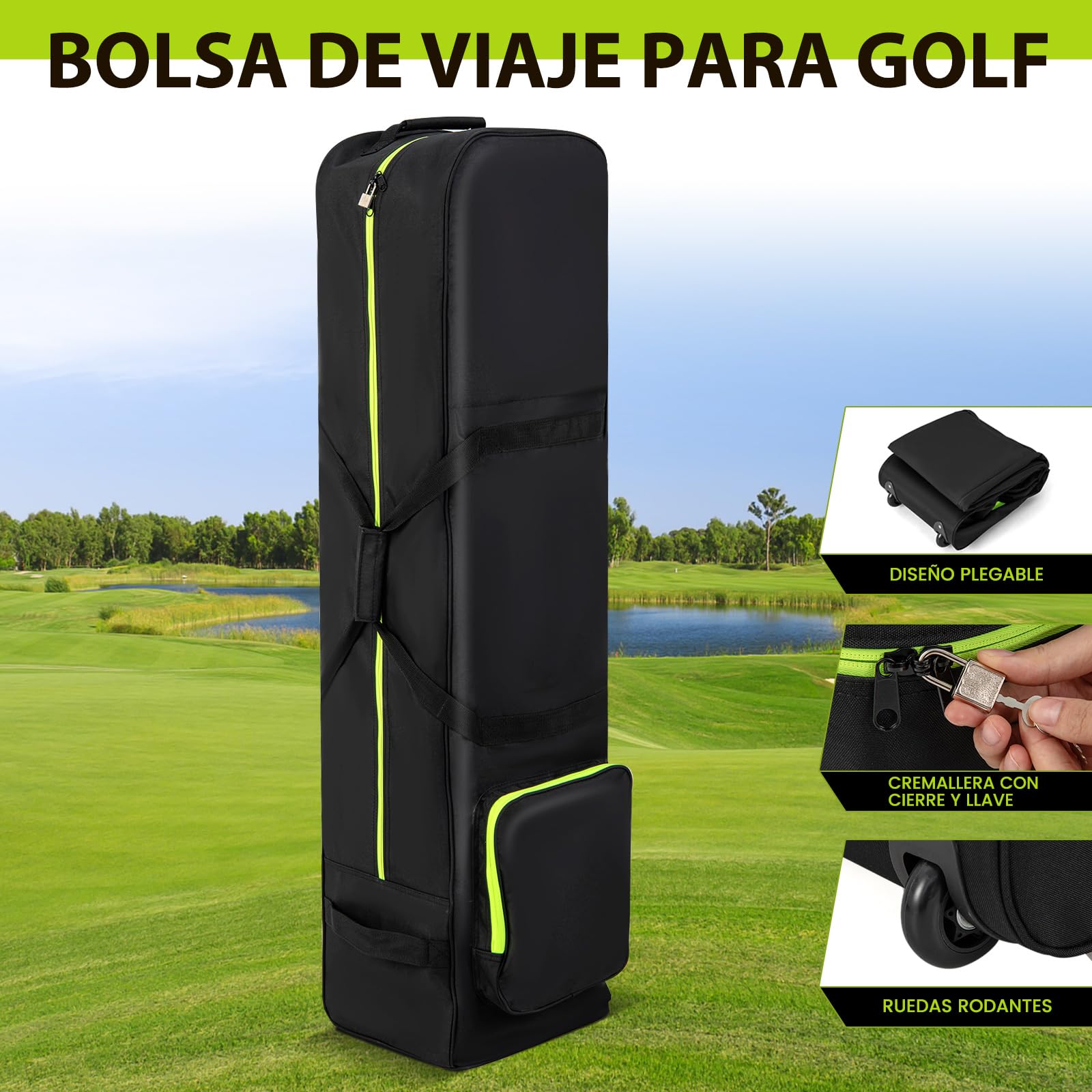GOPLUS Bolsa de Golf Plegable con Ruedas, Funda de Viaje para Golf con 3 Asas y Bolsillo Lateral, Tejido Oxford Impermeable, Bolsa de Viaje con Cerradura y Llave, para Palos de Golf