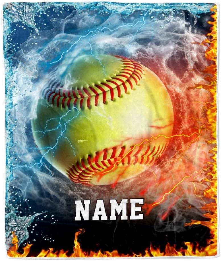 Personalized Softball Blanket Fire Water A Nice Night American Flag Printed 3D Sport Lover Kids Men Women Birthday Christmas Customized Fleece Blanket (60 x 80 in Adult Size)