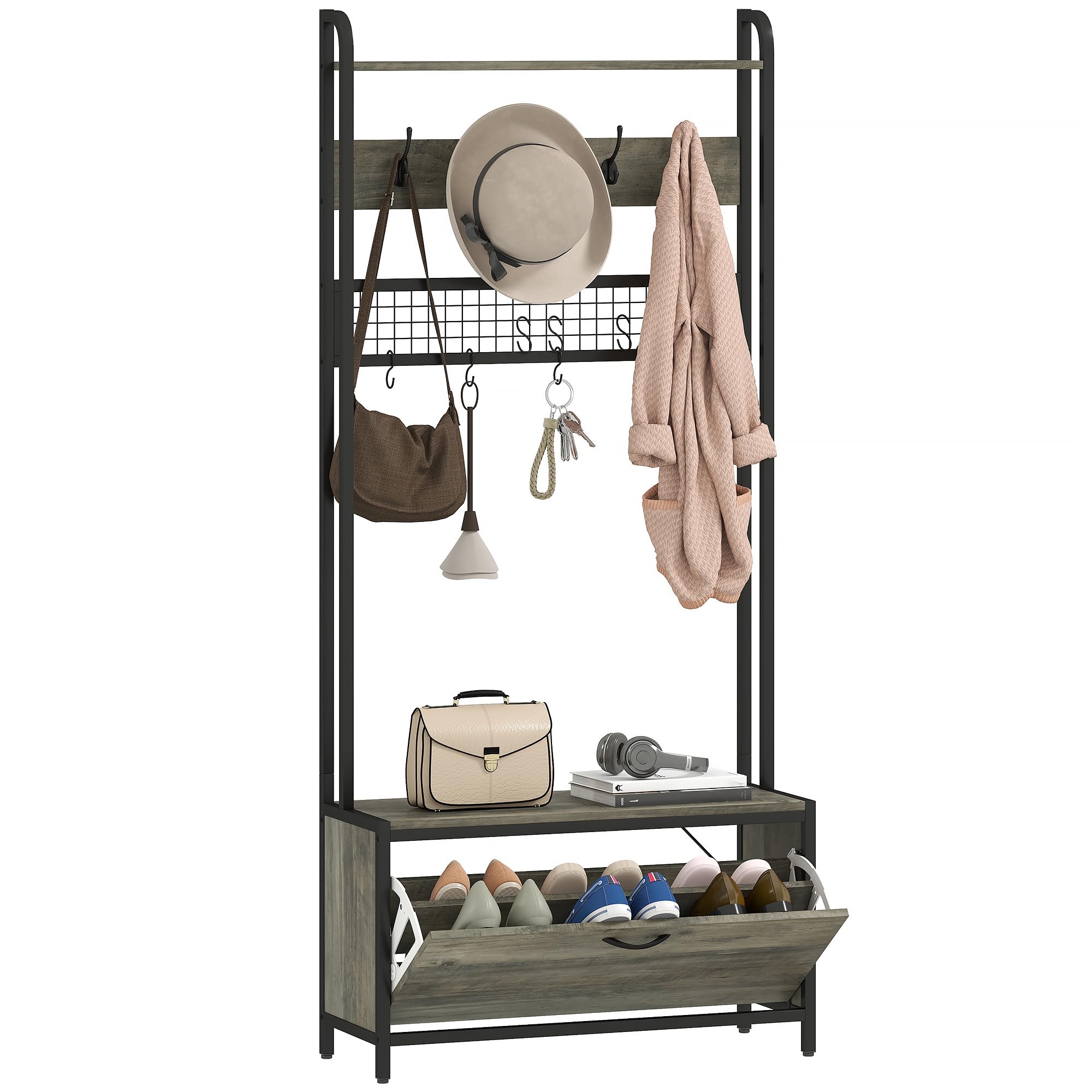 Homcom Grey Industrial Hall Tree Coat Rack Stand With Shoe Cabinet - 1 - Particle Board, Steel