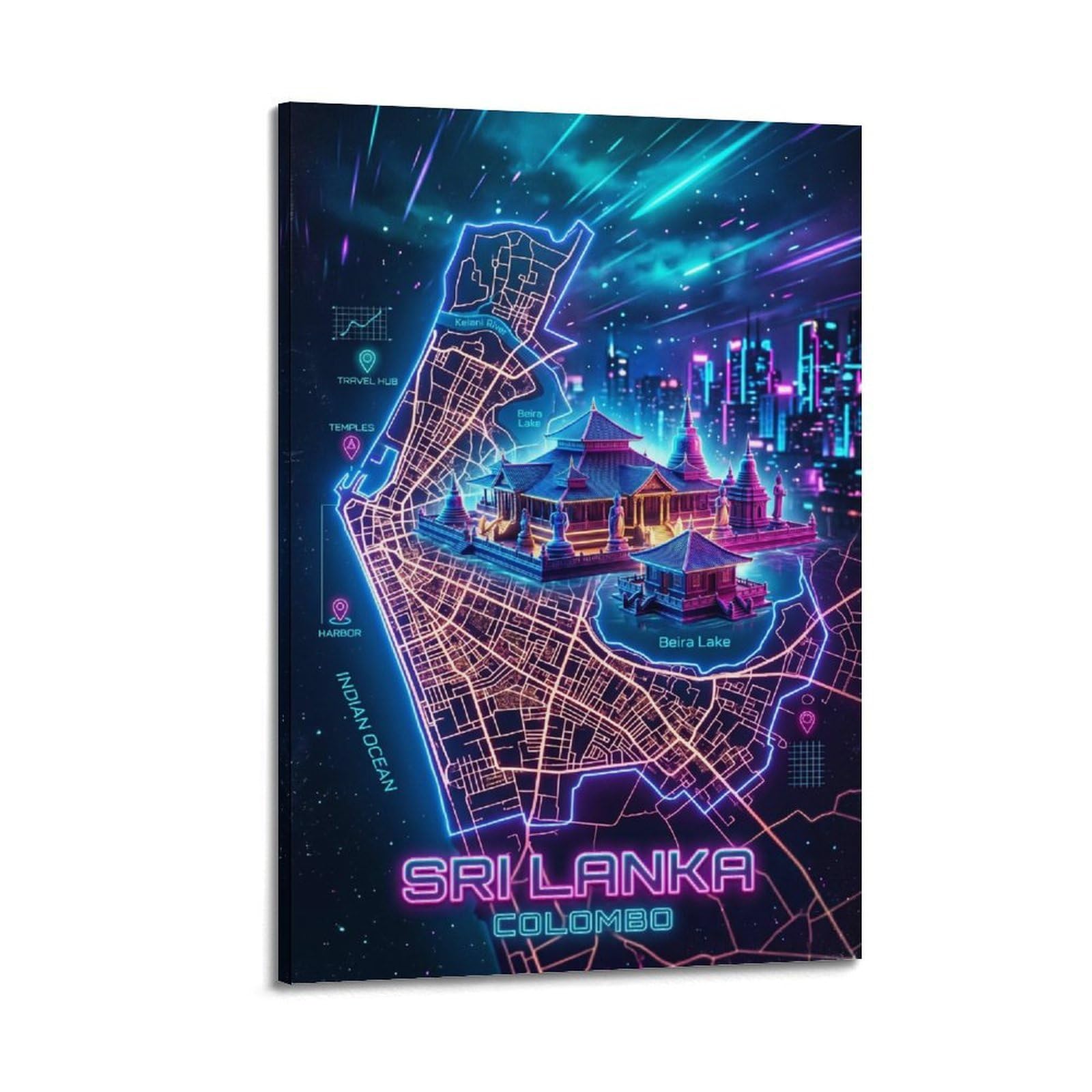 OKAHYS Sri Lanka Colombo 80s Neon City Gamer Room Poster Modern Decorative Canvas Prints - Ideal Wall Art for Family, Man Cave, Game Room, Boys & Girls Bedroom 20x30inch(50x75cm)