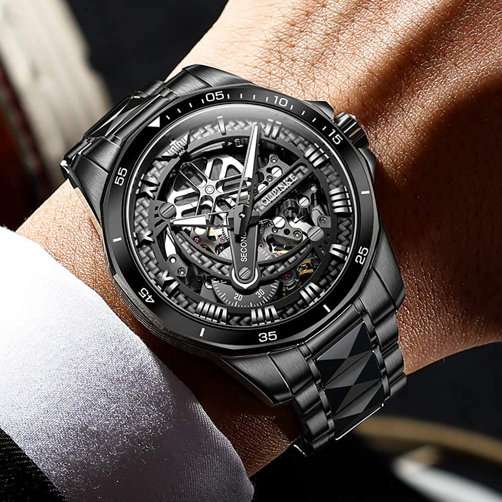 OUPINKE Reloj de pulsera automático para hombre, esqueleto plateado, esfera luminosa 3D con correa de acero de tungsteno luminosa impermeable de 5 ATM, cristal de zafiro, dos tonos, Correa negra,