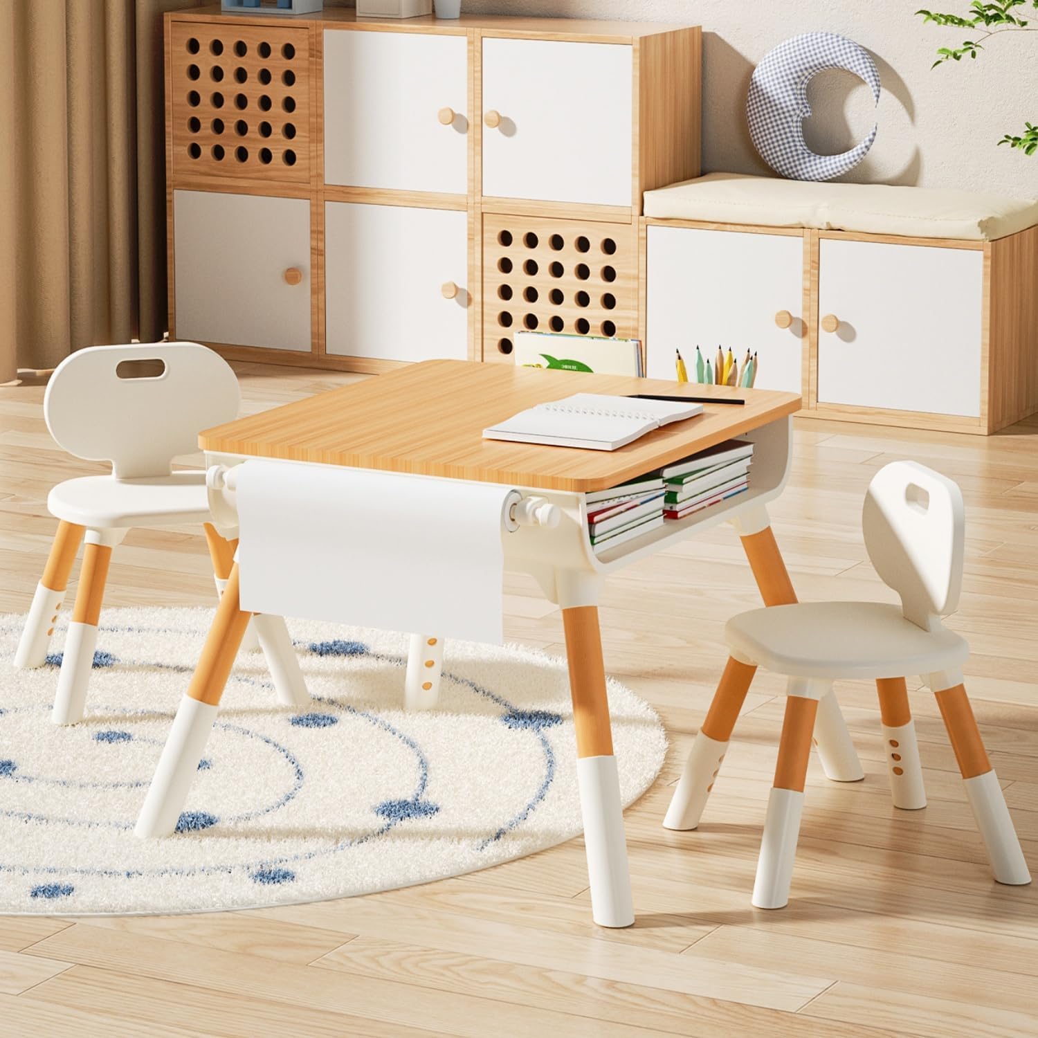 Study Table & Chair Set,Adjustable Height Kids Table with Storage, Solid Wood Legs with Paper Roll, Storage Basket and Drawers, Ergonomic for Arts & Crafts, Learning,Daycare, Classrooms,Home