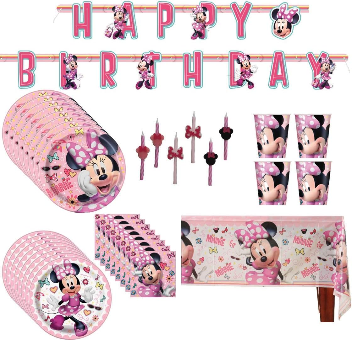 Minnie Mouse Birthday Party Supplies Pack: Big/Small Plates, Cups, Napkins, Table Cover, Banner, Candles - 16 Guests