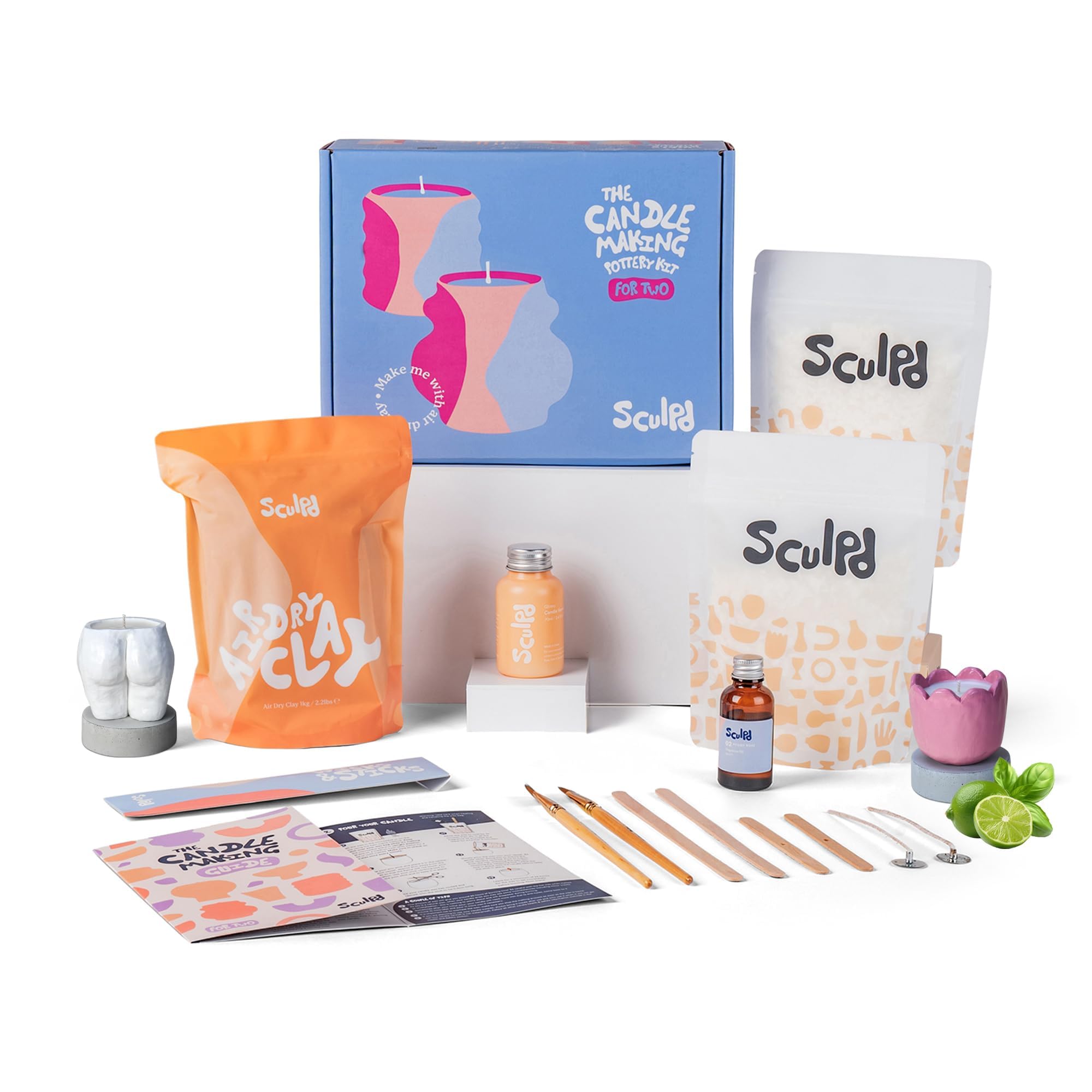 Sculpd Töpferei-Kit zur Kerzenherstellung mit lufttrocknendem Ton | Anfänger Starter-Kit zur Kerzenherstellung für Erwachsene mit Öko-Soja-Wachs, Duftöl, Lack, Werkzeugen und Anleitung | Enthält Acrylfarben-Set, ungiftiges Öko-Sojawachs, Kerzenglasur, Wer