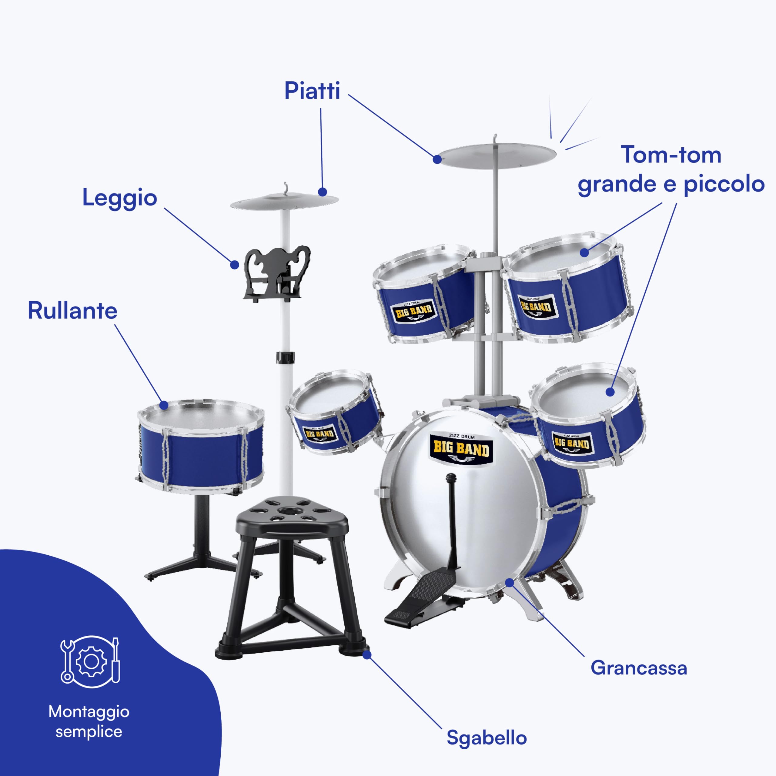 Set Batteria per Bambini Baroni Toys, Batteria Giocattolo Completa 8 Pezzi con Sgabello, Tamburi e Piatti, Gioco Musicale Educativo, +3 Anni, Blu, 72x43x83cm